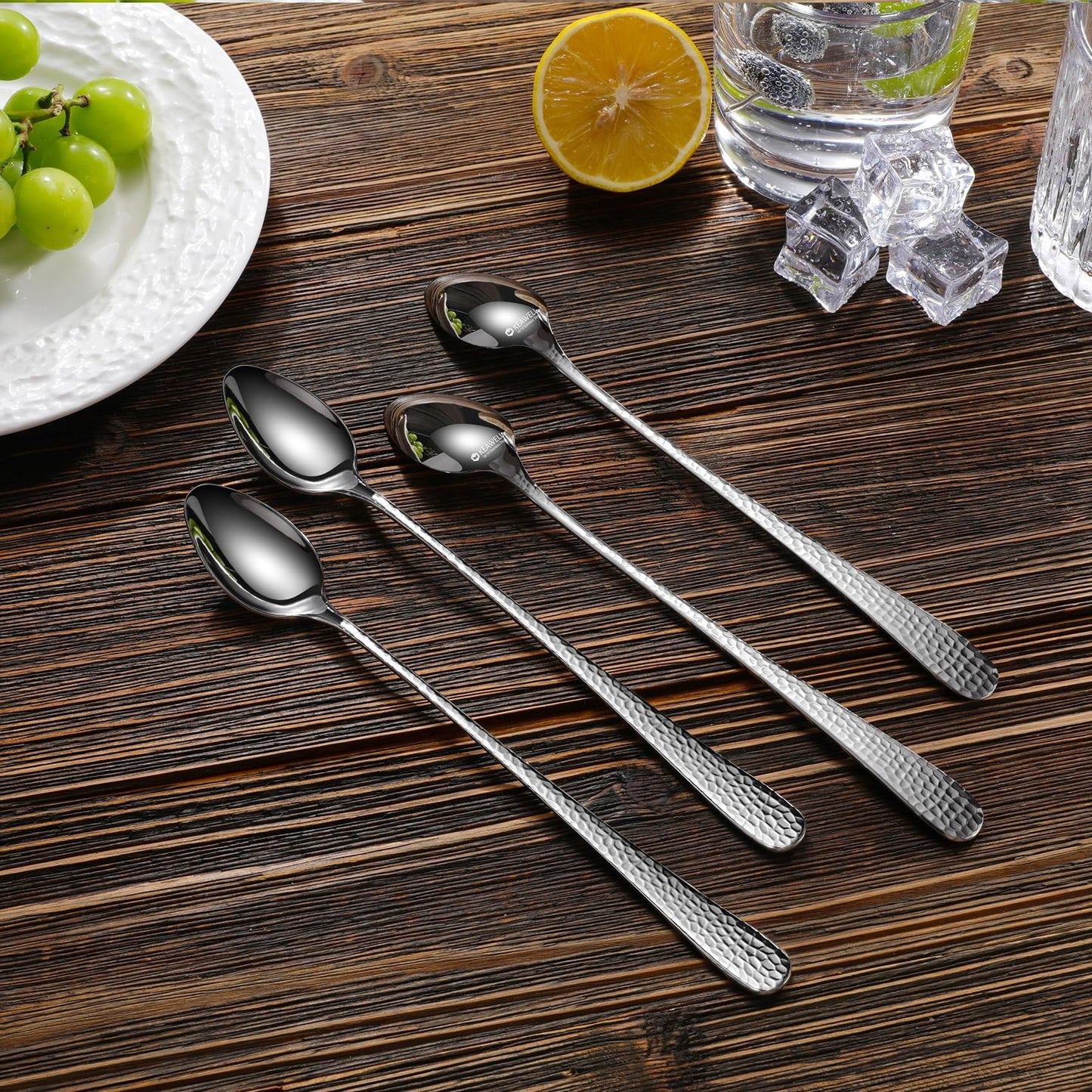 KEAWELL Premium Louise Hammered Long Handle Iced Tea Spoons: 4-Piece/8-Piece Set, 18/10 Stainless Steel, Teaspoons, Coffee Spoons, Brightly Mirror-Polished, Dishwasher Safe (4, 9 inches)