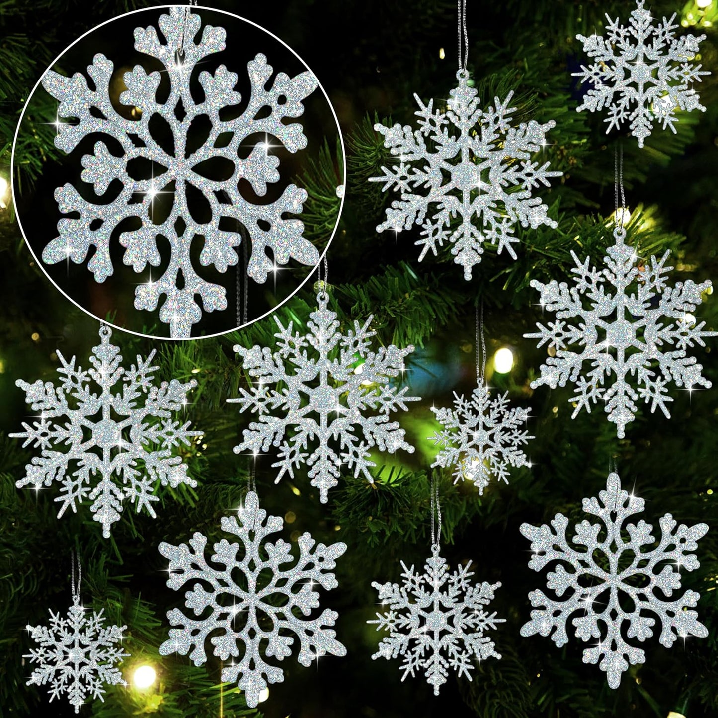 Skiennix 36-Piece Iridescent Silver Christmas Snowflake Ornaments - Sparkling Glitter Decor for Holiday Home & Winter Parties