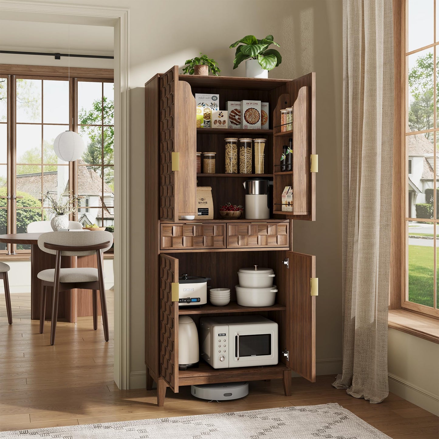 Pantry Cabinet, 71" Tall Pantry Cabinet,Modern Kitchen Cabinet with Doors, Drawers & Adjustable Shelves, Freestanding Food Pantry Cupboard with Side Rack for Kitchen Dining Room,Walnut