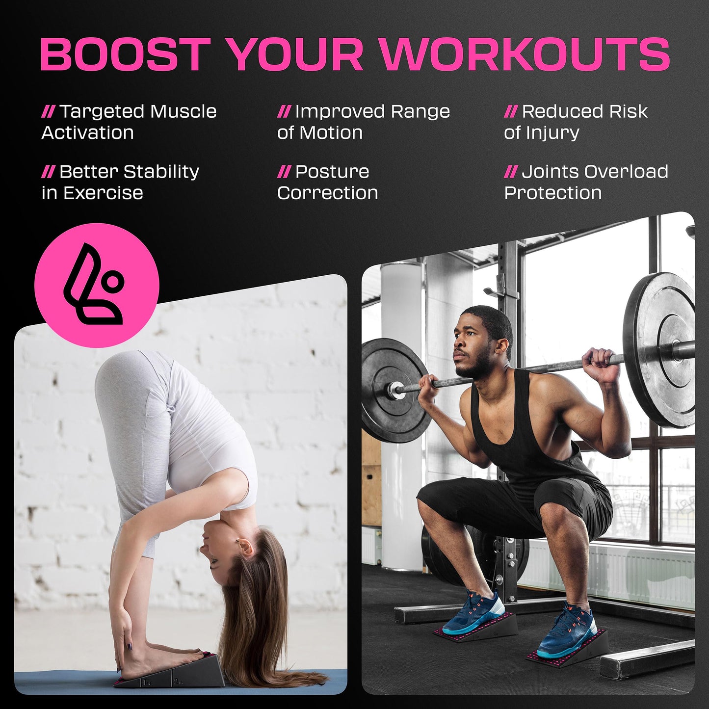 Flexelent Squat Wedge Block Pair - Heel Elevated Squat Wedge for Deeper Squats, Heavy Lifting and Better Form - 17° Angle Exercise Wedges, Slant Board for Squats with Carry Backpack - Pink Power