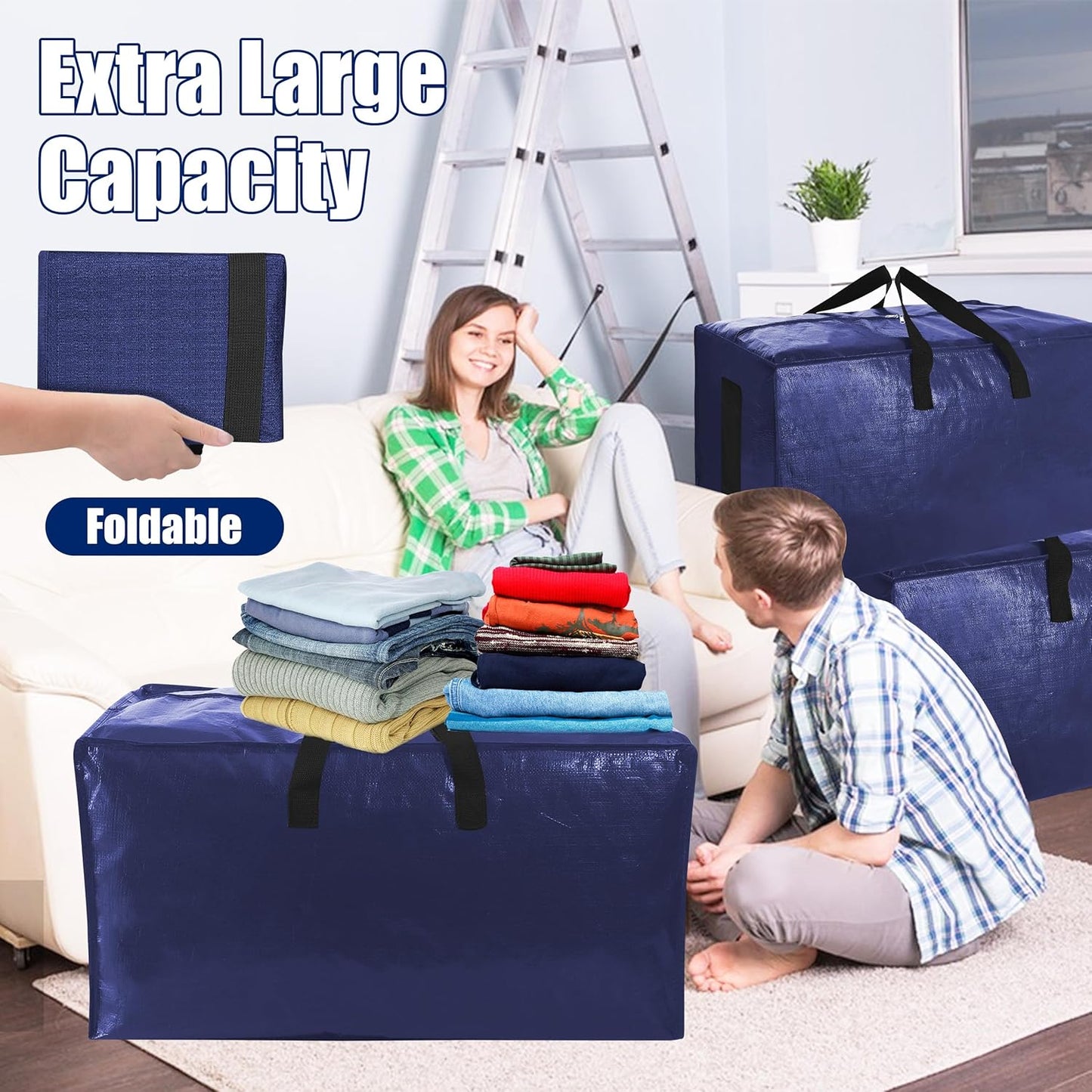Sweet Dolphin Extra Large Moving Bags - Heavy Duty Storage Tote with Strong Zippers & Handles | Navy Blue, 6 Pack
