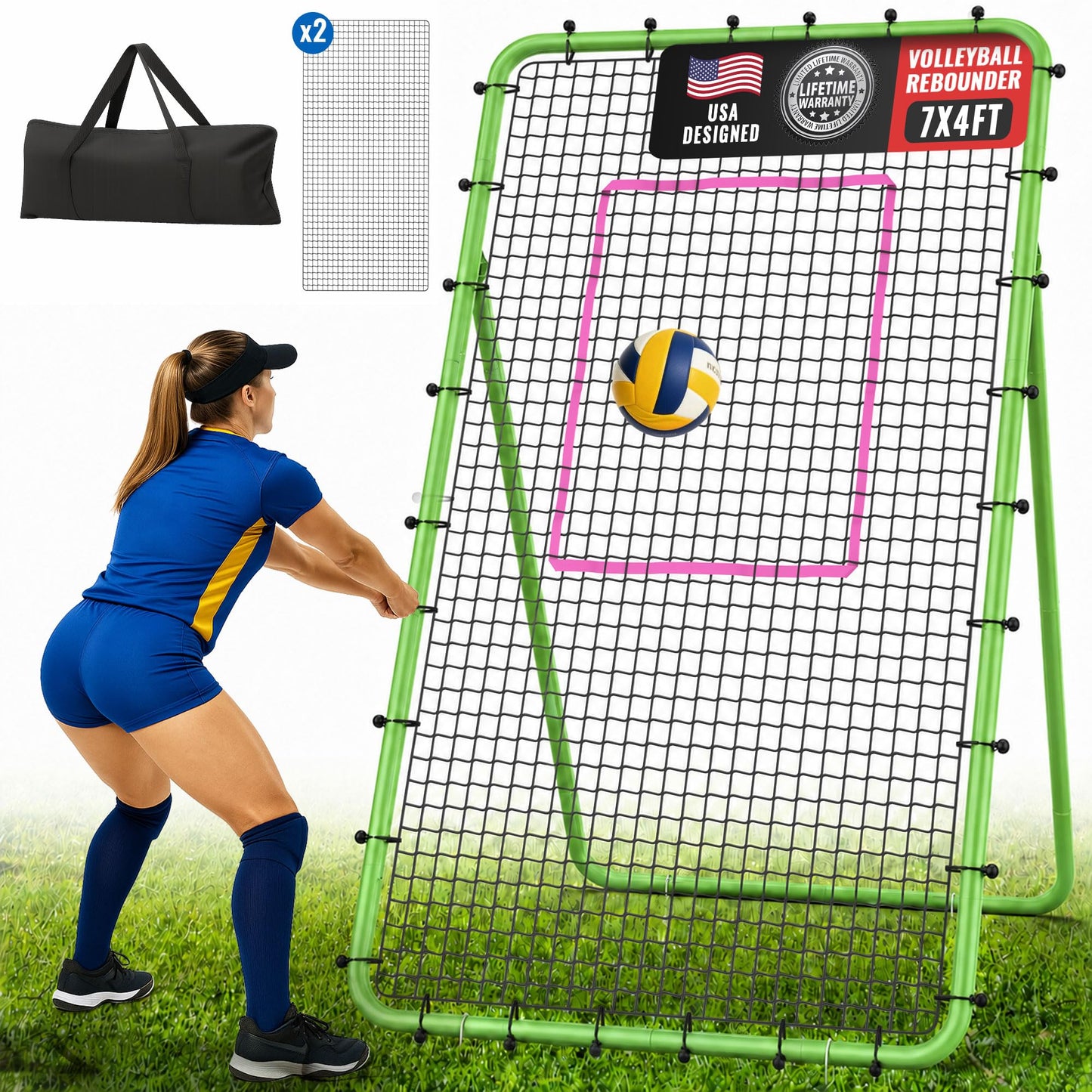 Oswerpon Volleyball Rebounder Net 7x4 FT, 5-Angle Adjustable Bounce Back Net, Steel Frame & PE Training Net for Volleying/Spiking, Rust-Resistant & Durable – w/Travel Bag, 2 NETS (Green & Pink)