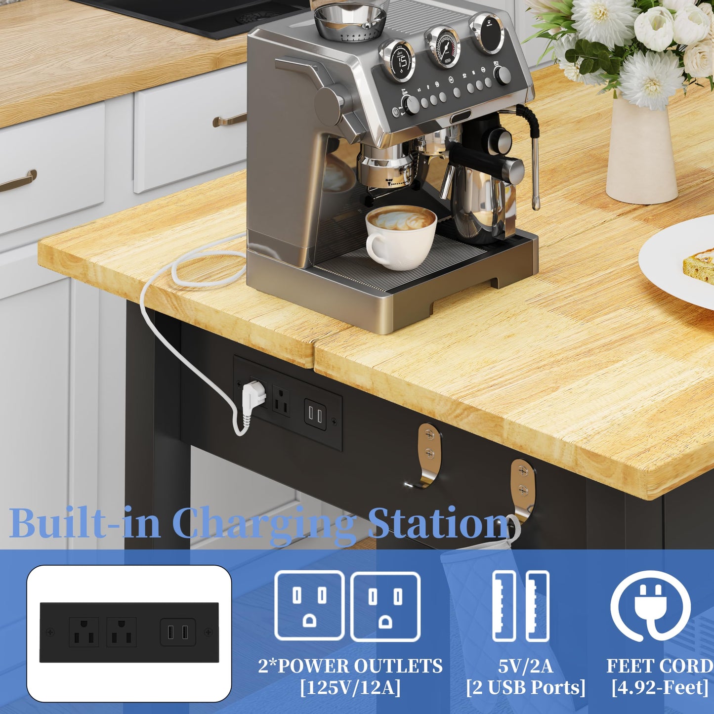 DynJest 60" Solid Rubberwood Kitchen Island with Power Outlets - Extra Large Work Surface, 3 Drawers & 2 Open Shelves Storage Cabinet for Kitchen Dining Room, Farmhouse Style (Black)