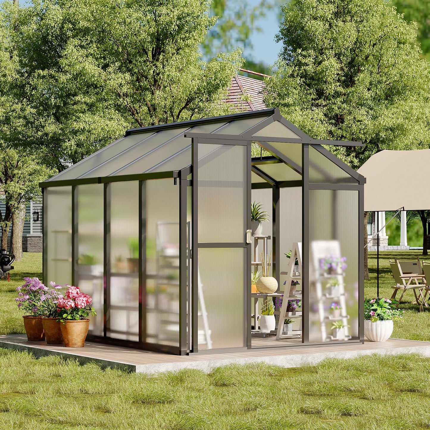 GarveeHome 6X8 FT Greenhouse, Walk-in Greenhouse Kit with Aluminum Frame, Polycarbonate Panels, Adjustable Roof Vent, Sliding Door, Secure Lock for Outside Garden, Patio, Backyard