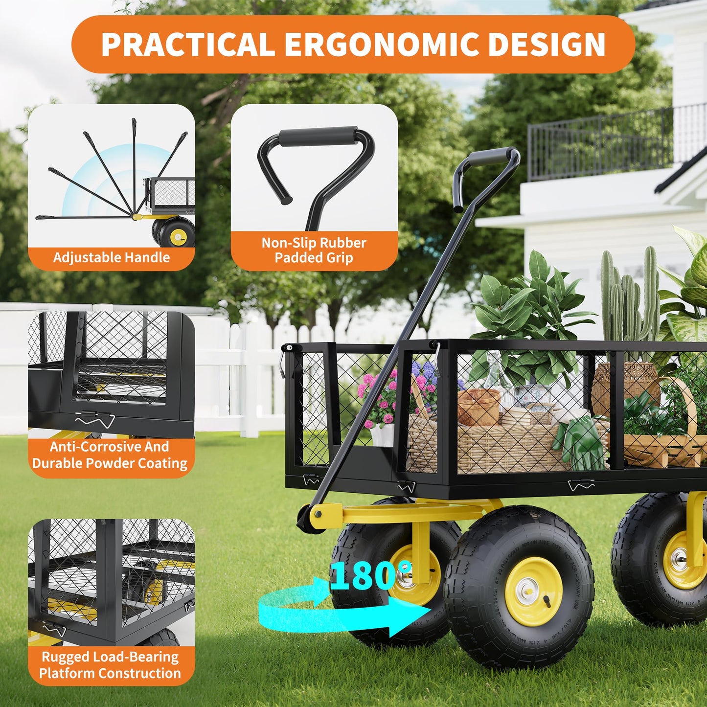 900 Lbs Garden Wagon, 2-in-1 Heavy-Duty Steel Garden Cart, with 10 Inch All-Terrain Tires and Removable Mesh Side Panels, 180° Rotating Handle, Metal Utility Yard Trailer, Outdoor Gardens Wagon Cart