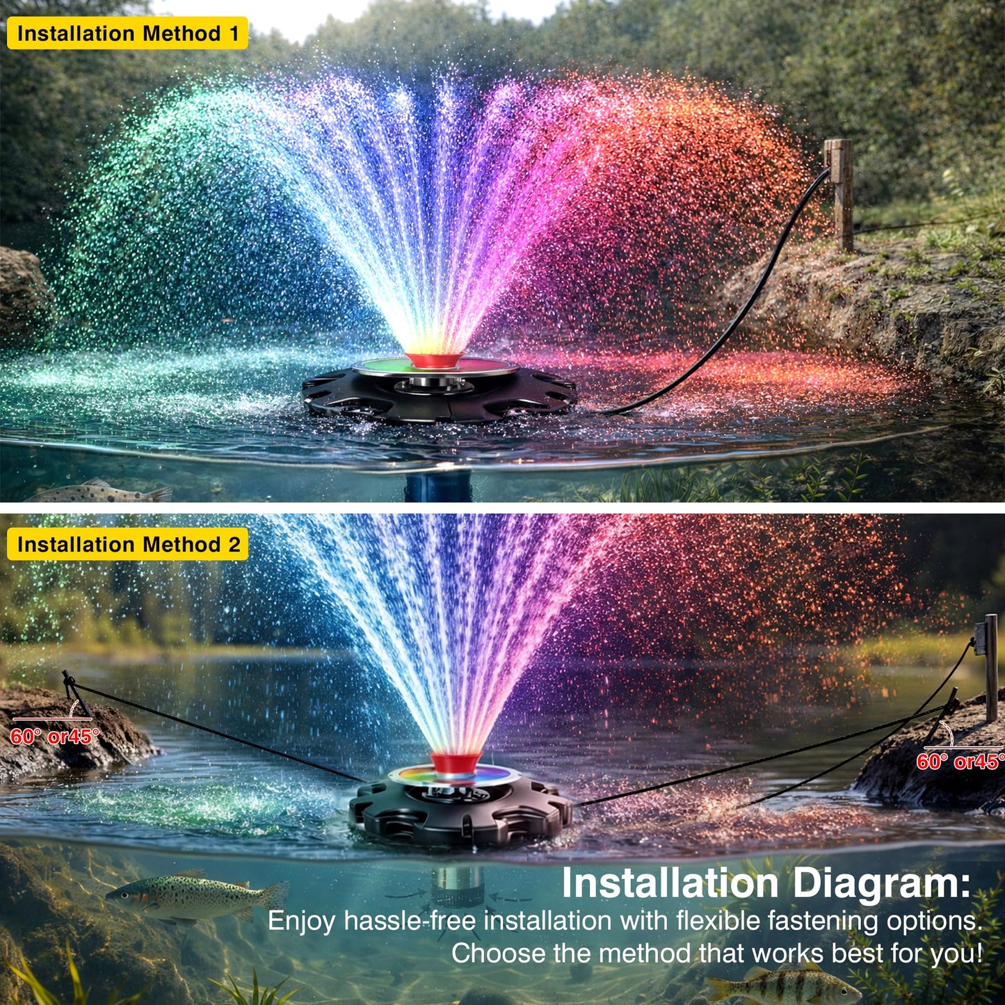 Pond Fountain Aerator, LED RGB Multicolor Aerator Floating Fountain Light, 750W 1HP 15000 GPH Floating Pump,IP68,for Ponds & Lakes