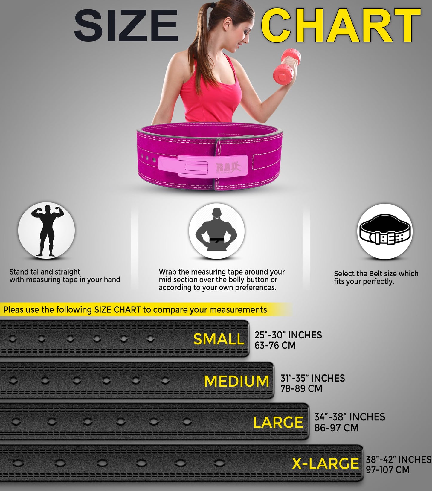 RAD Lever Weight Lifting Gym Belt for Men & Women, Size 63 TO107 CM, Thick 10MM & Width 4 Inch, Leather, Black