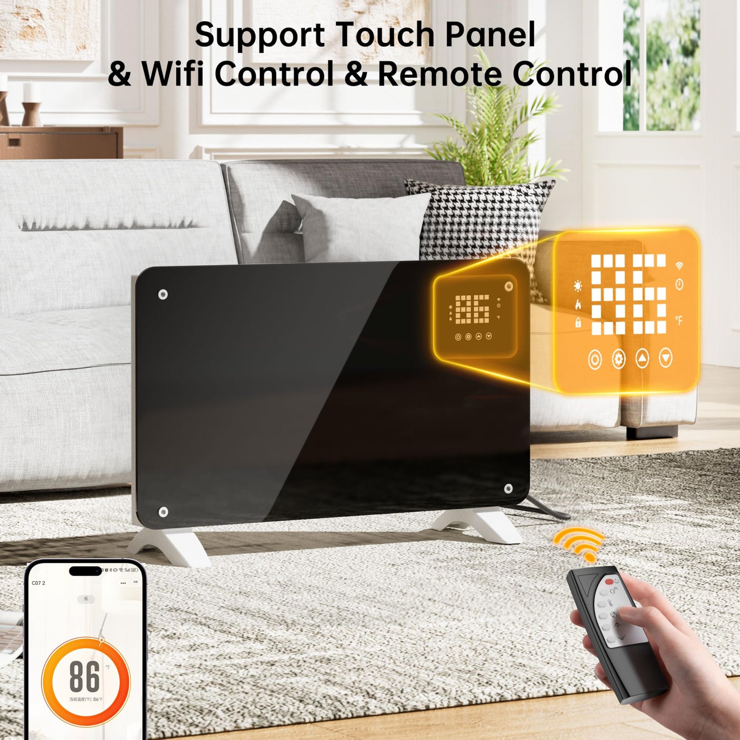 SUNDATE Convection Heater Wifi Control, Indoor Space Heater, 1500W Electric Heating with Remote Control, Digital Display, Fast Heating, 24H Timers for Living Room, Bedroom, Office (Black W/White)