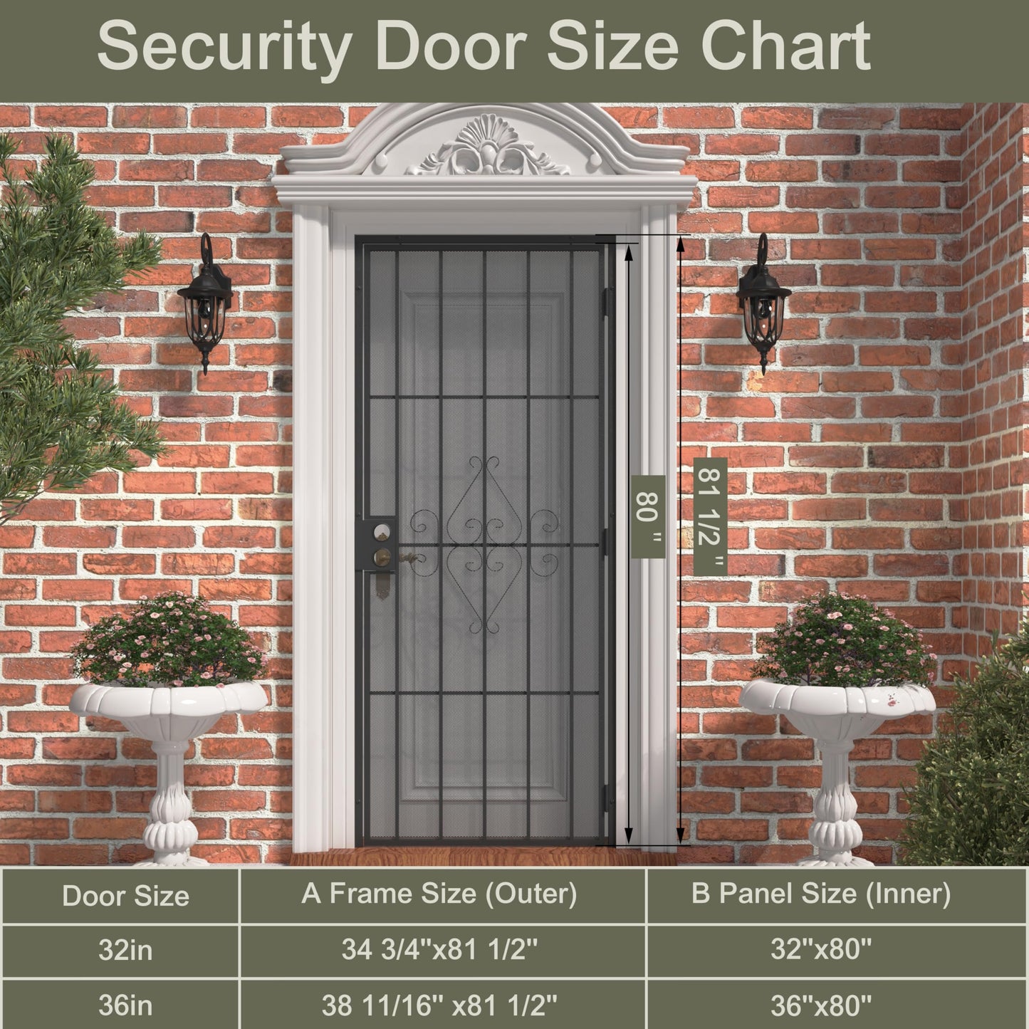 JUBEST 32 in. x 80 in. Security Screen Door, Reversible Powder Coated Black Surface Mount Outswing Steel Security Door with Expanded Metal Screen, Prehung Steel Exterior Doors, Durable&Safe