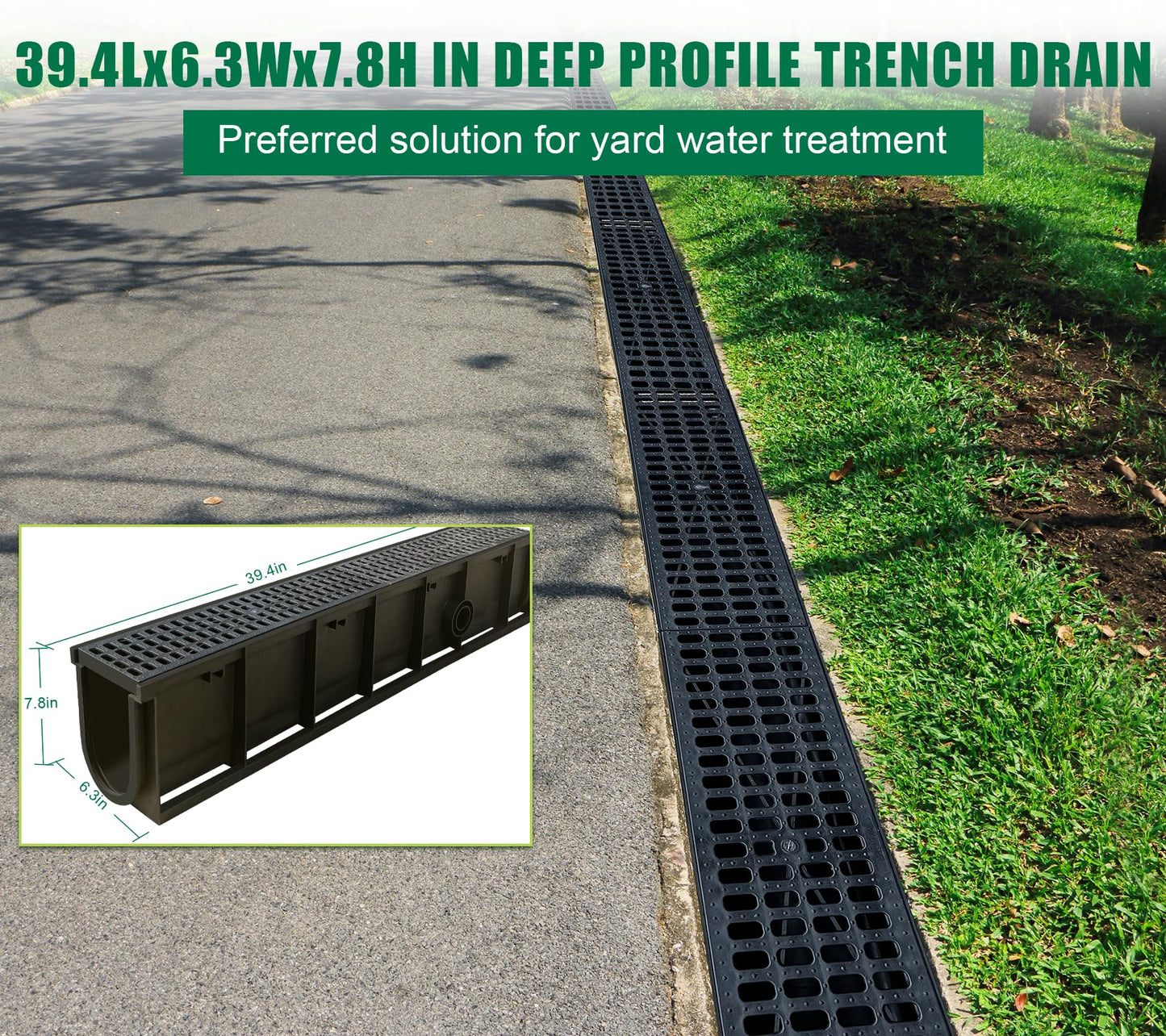 Natotela A15 Deep Profile Trench Drain System for Yard-39.4Lx6.3Wx7.8H in Channel Drain with Grates,4 Pack Total Length 157.5 in,Plastic Yard Drainage Systems for Outdoor Sidewalk Patio