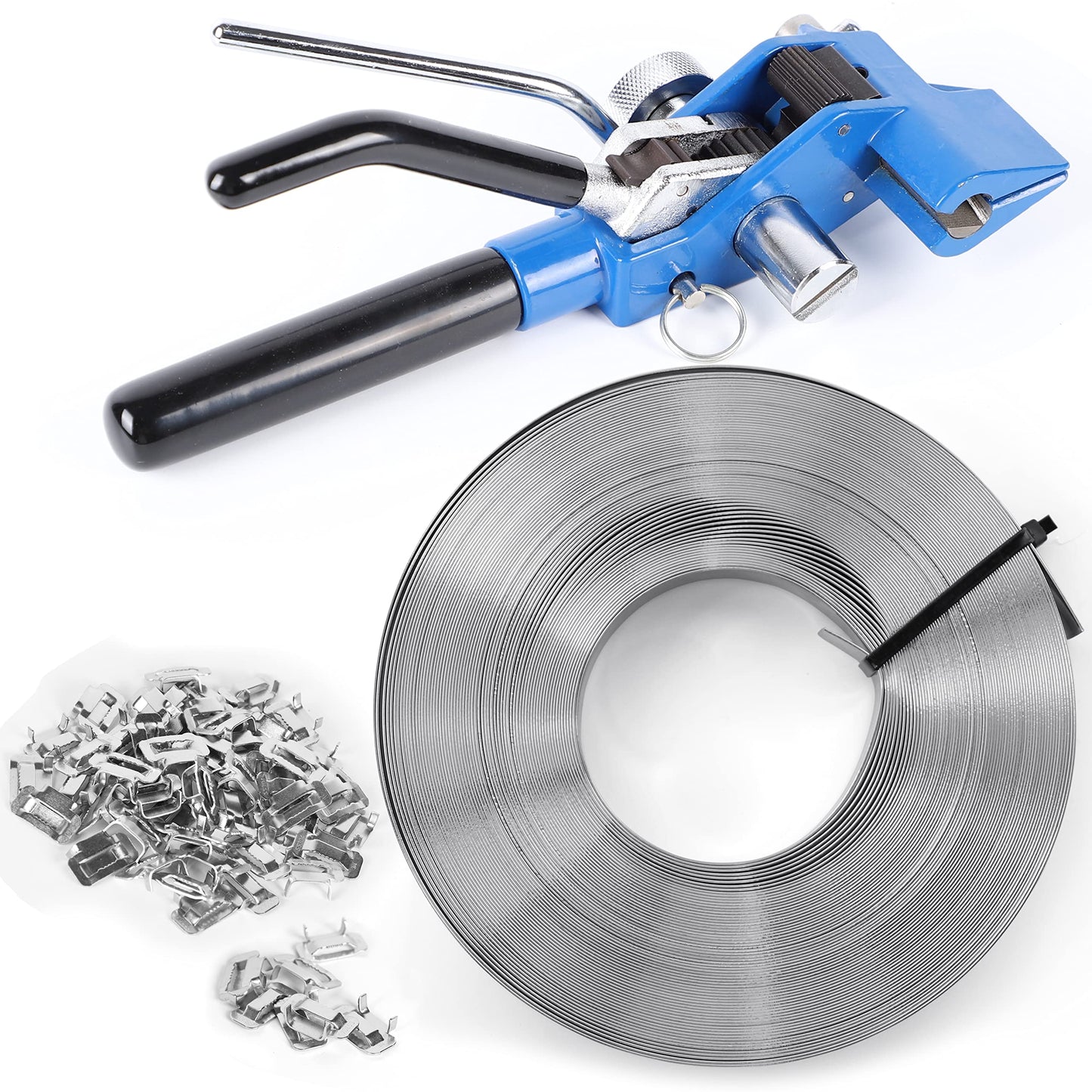 Steel Banding Strapping Kit - Stainless Banding Tool Ratchet Tensioner, 3/4"*100Ft S304 Stainless Banding Coil, 100pcs Ear-Lock Buckles, Metal Banding Tools for Strapping High Tensile Package