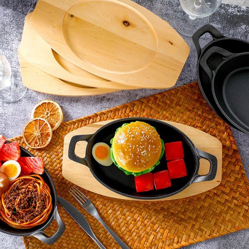 Mifoci 4 Pcs Mini Cast Iron Skillet with Wooden Base Small Cast Iron Fajita Plates Baker's Skillet Matte Black Pan Pot for Kitchen Restaurant Barbecue Dinner (8.5 x 6.1 x 1.7 Inches)