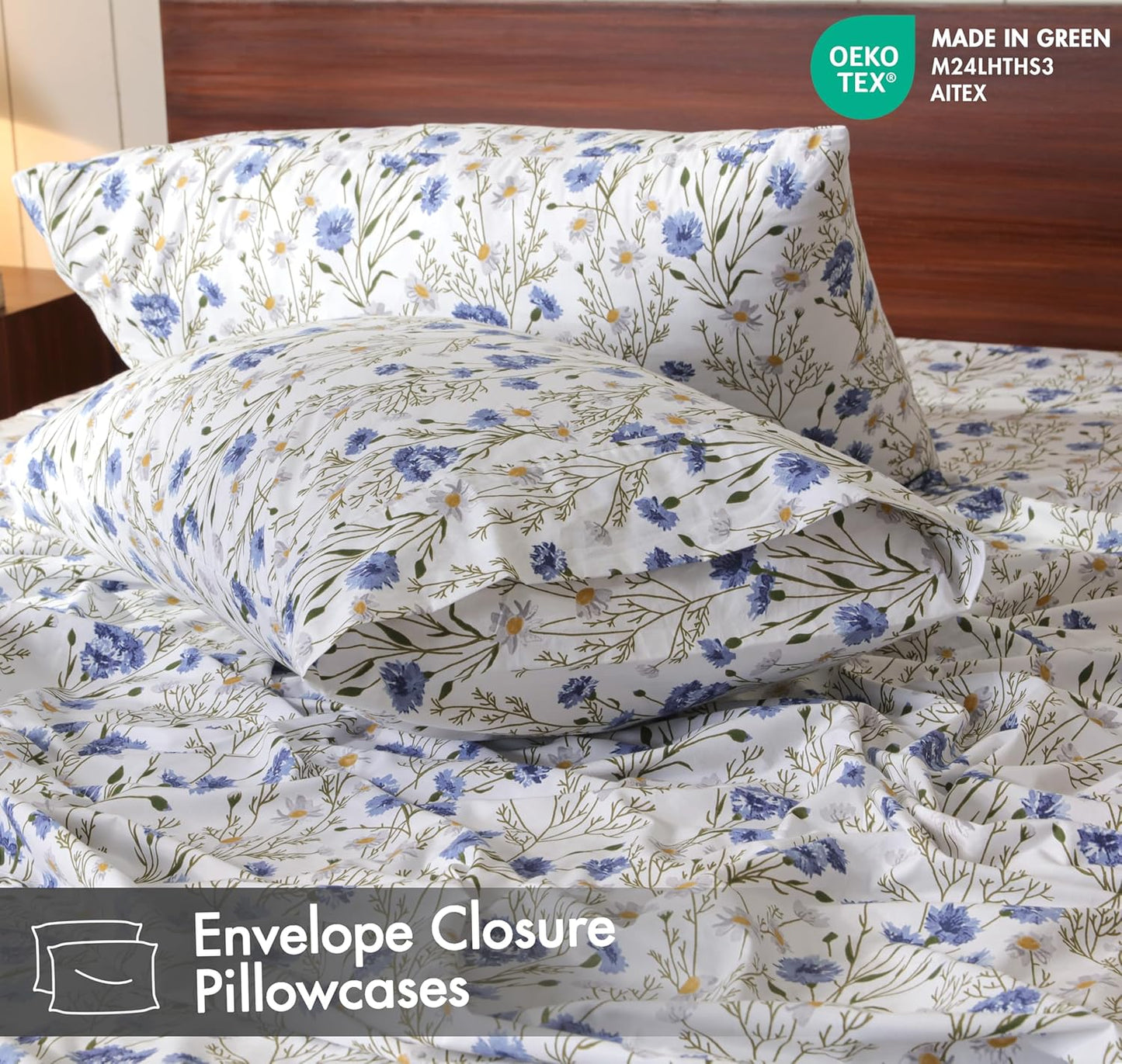 RUVANTI King Size Cotton Sheets - 100% Percale Bedding, Cooling Floral Design, 16" Deep Pocket, 4-Piece Set