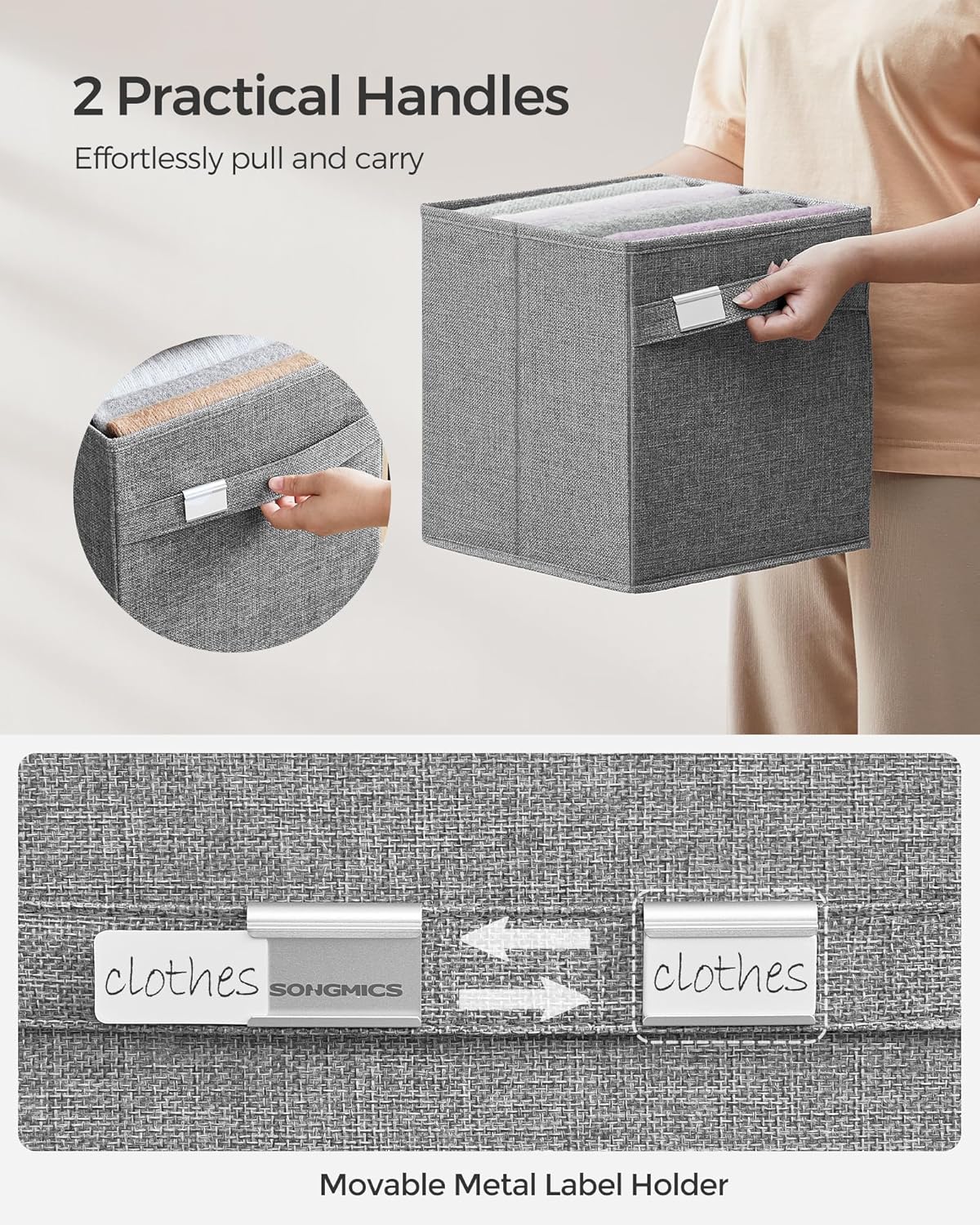 SONGMICS Storage Cubes - Set of 4 Foldable Bins with Handles | Dove Gray, Easy to Clean, 10.2 x 10.2 x 11 Inches