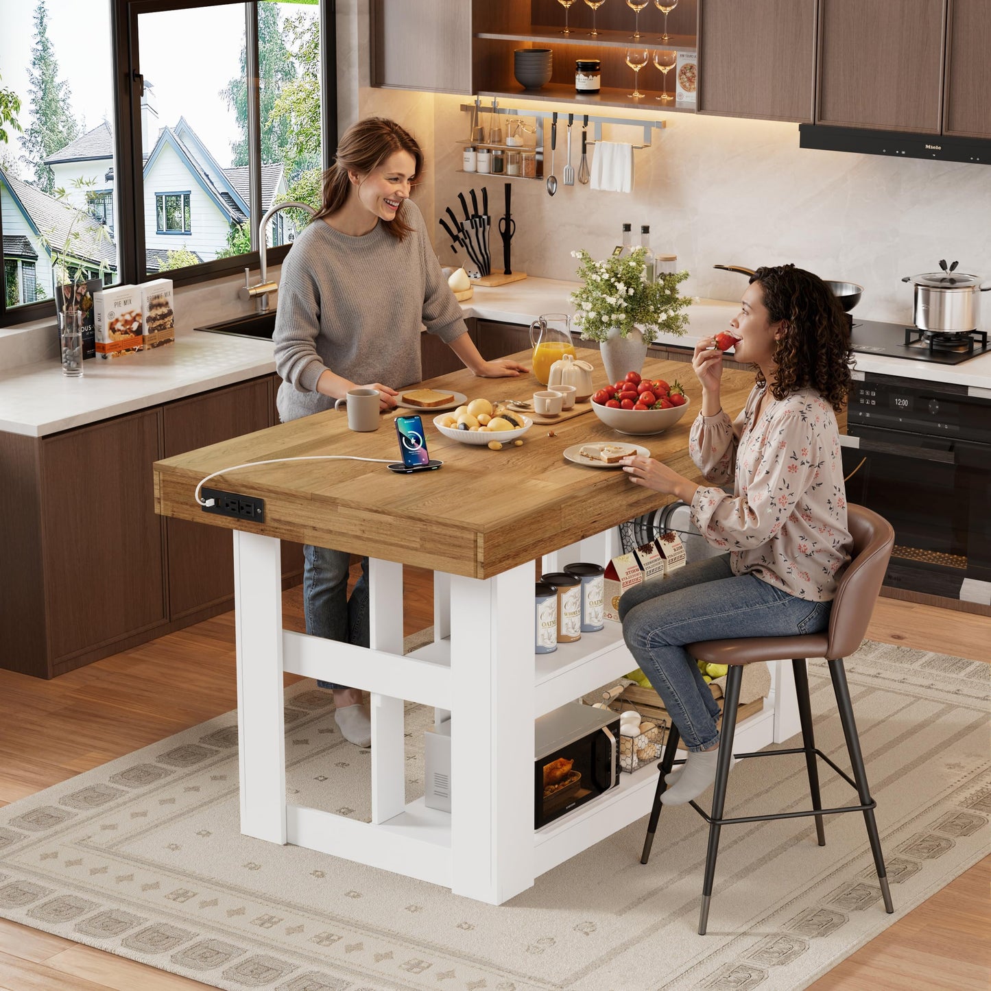 PAKASEPT 55" Kitchen Island with Storage, 3-Tier Farmhouse Wood Island Table with Power Outlets,Shelves for Kitchen, Dining Table for 4,Dining Room,Living Room,Home Bar,White