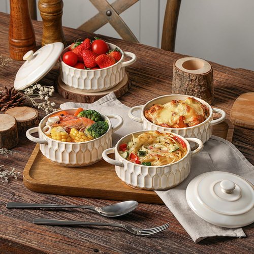 Mini Cocotte Set | 14 OZ Ceramic Casserole Dishes with Lids - Set of 4, Beige, Oven & Microwave Safe