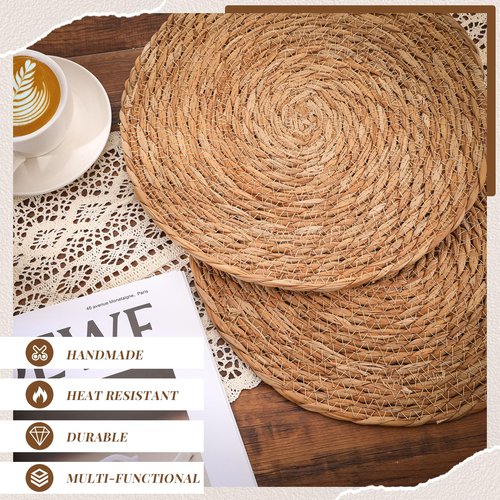 30 PCS Round Bulrush Woven Placemats 13.8 Inch Boho Rattan Chargers for Dinner Plates Natural Hand Weave Table Mats Rustic Wicker Braided for Farmhouse Home Wedding Party Outdoor Christmas Decor