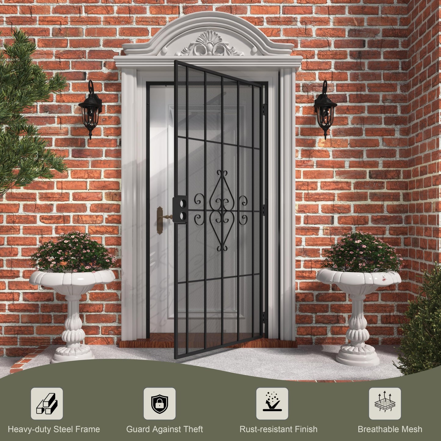 JUBEST 36 in. x 80 in. Security Screen Door, Reversible Powder Coated Black Surface Mount Outswing Steel Security Door with Expanded Metal Screen, Prehung Steel Exterior Doors, Durable&Safe