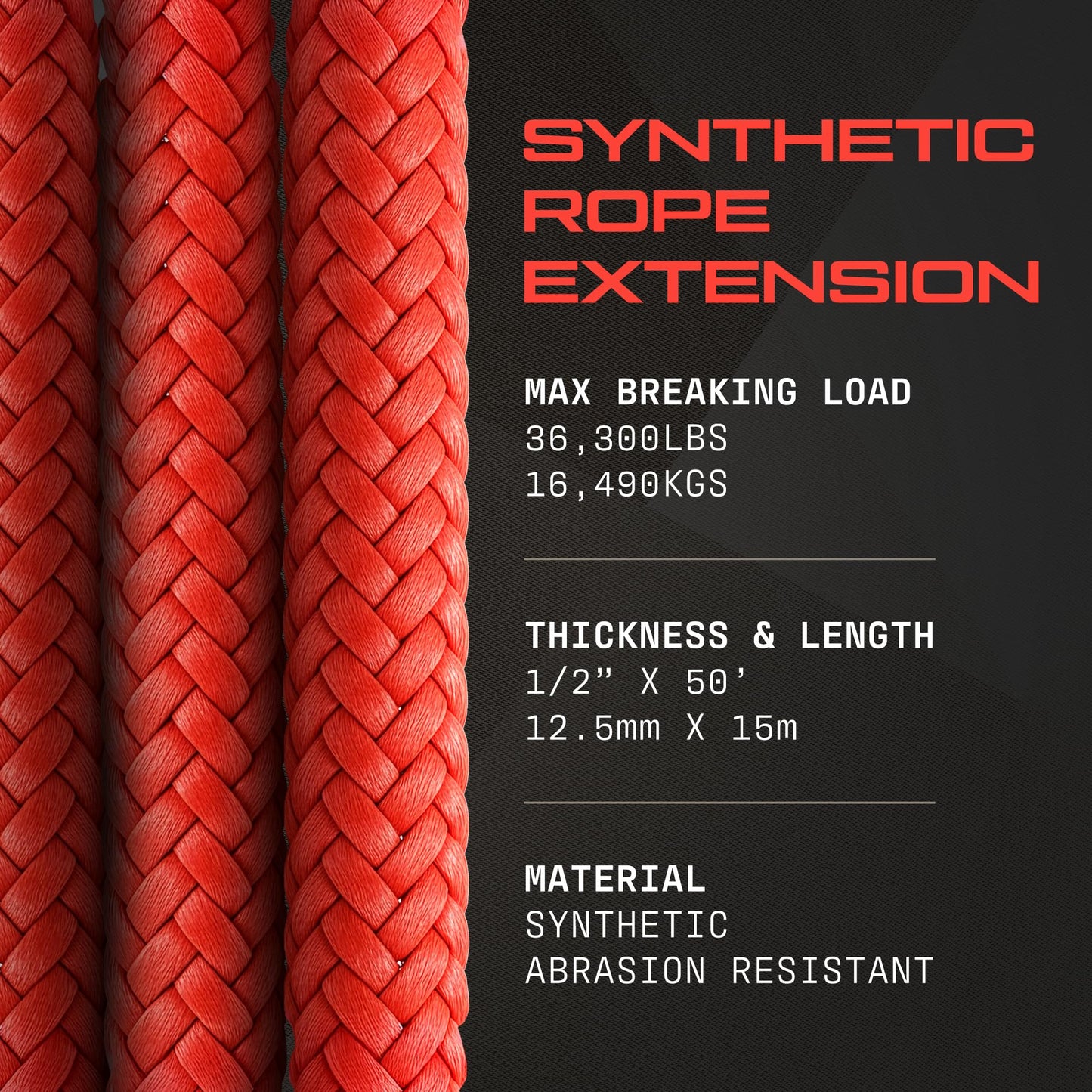 Armortek Synthetic Extension Rope Winch Heavy Duty Tow Rope, 1/2" x 50' Winch Cable, 16490KG Load – Ultimate Winching Kit, for Car, Truck