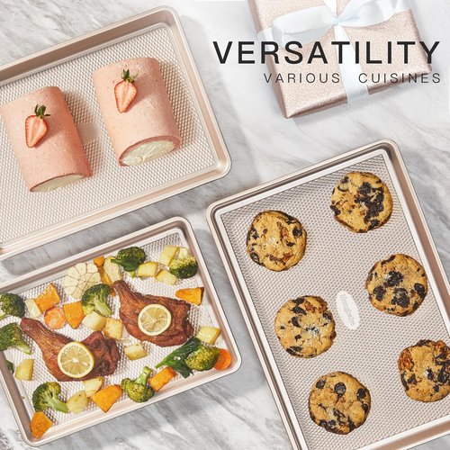 HONGBAKE Nonstick Baking Sheet Pan Set - 3 Heavy Duty Cookie Sheets with Diamond Texture | Champagne Gold