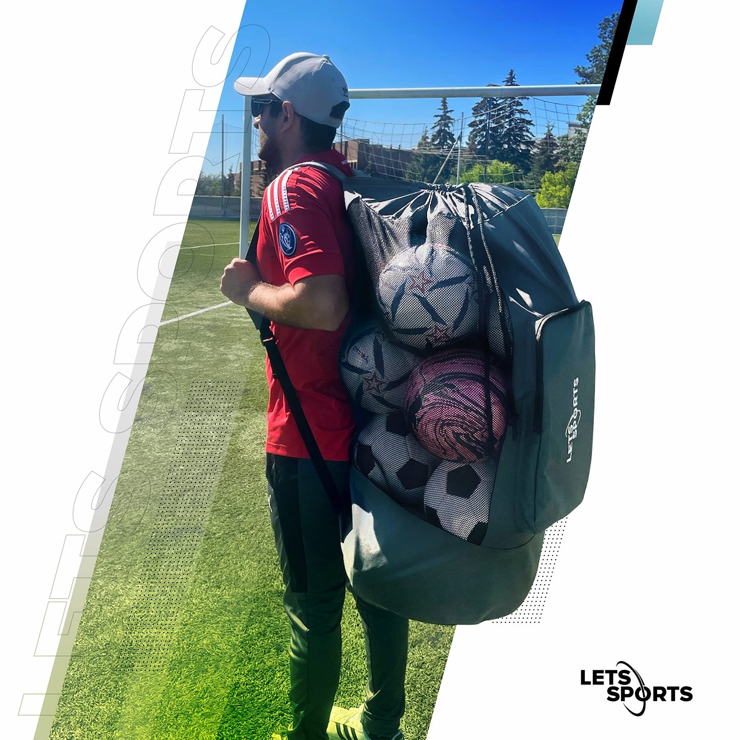LETS Sports Soccer Ball Bag for Basketball, Volleyball & Football | Large Drawstring Ball Bags Mesh | Heavy-Duty Soccer Ball Bags for Coaches | Equipment Bag w/Shoulder Strap | 37" x 17" - Grey Black