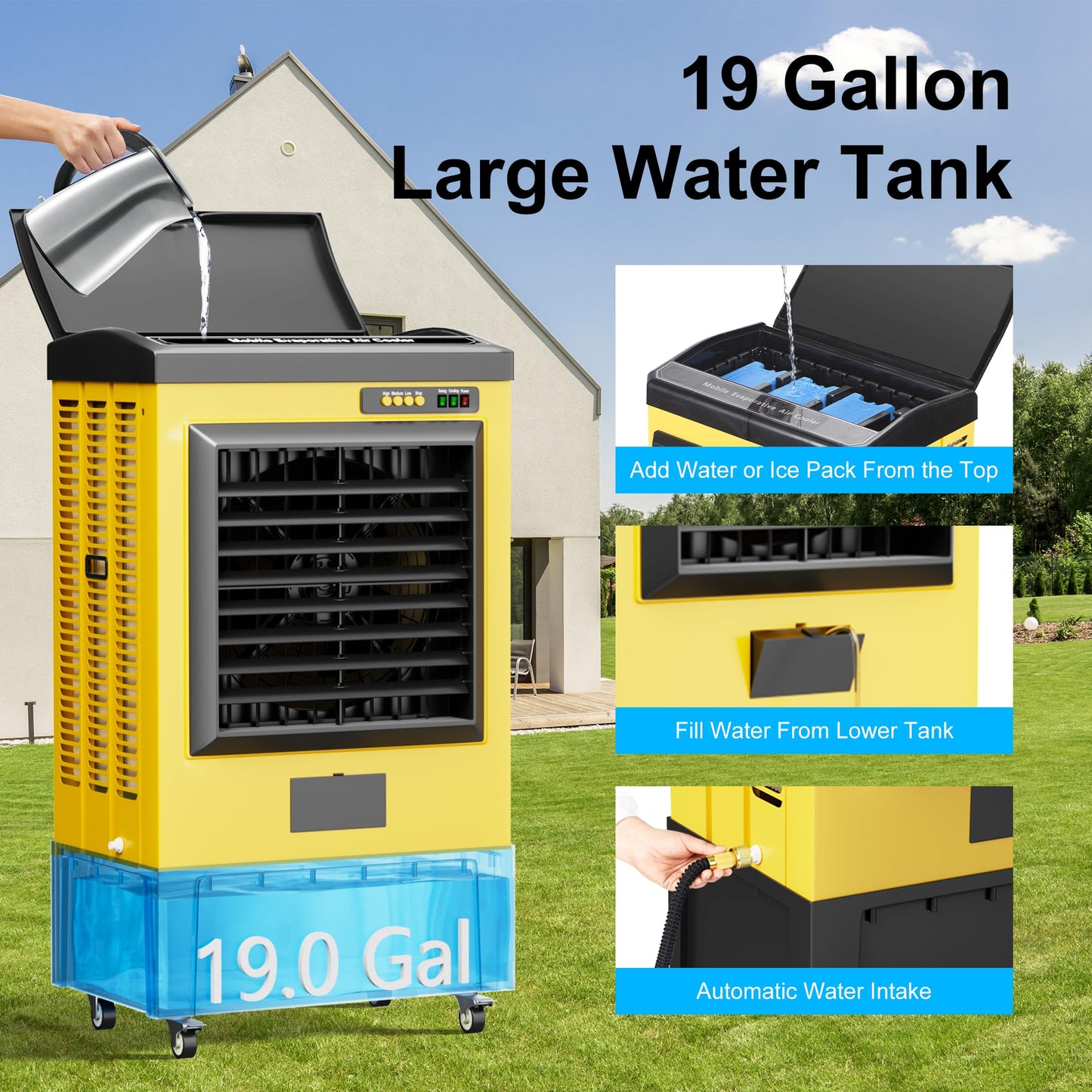AKIRES 6500CFM Swamp Coolers,Portable Evaporative Air Cooler for 1600 Sq.ft of Space,with Continuous Auto Fill,19-Gal Water Tank,120°Oscillation,5 Ice Packs,Cooling Fan for Outdoor,Indoor Use(48IN)