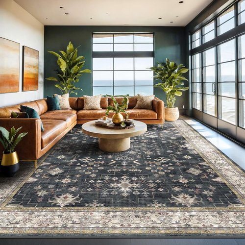Boho Black Rug - Washable 10x14 Area Rug, Soft Low Pile Carpet for Living Room & Dining Room | Non-Slip, Stain Resistant