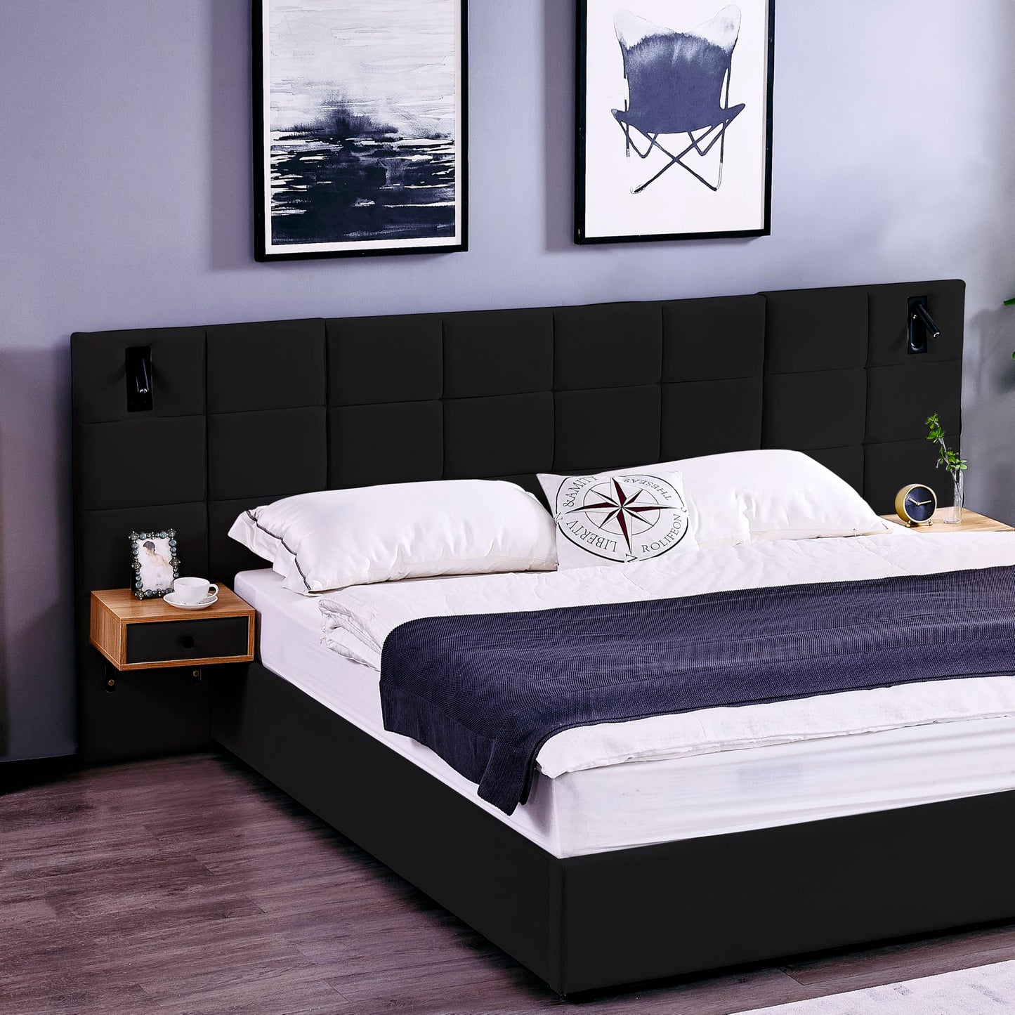 KEIKI King Size Storage Velvet Upholstered Hydraulic Lift Platform Bed with 2 Shelves, 2 Reading Lamps and USB Port, Modern King Bed Frame with Headboard, Space Saving, Black