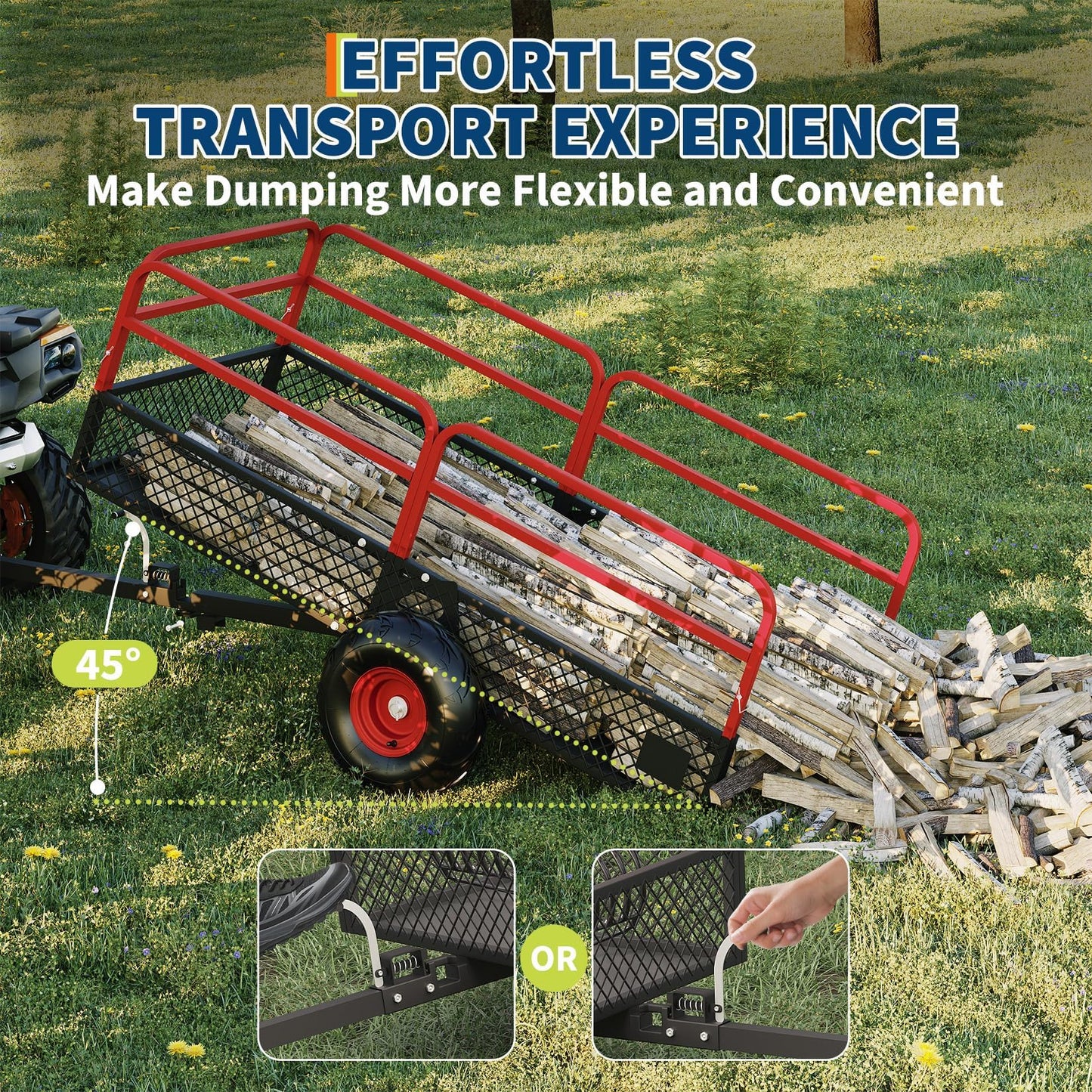 GarveeLife ATV UTV Trailer Tow Behind Dump Cart, 1600 lbs 22 Cubic Feet Heavy Duty Yard Garden Trailer Pull Behind with Removable Sides & All Terrain Tires, Fits Lawn Mower, Tractor, Garden
