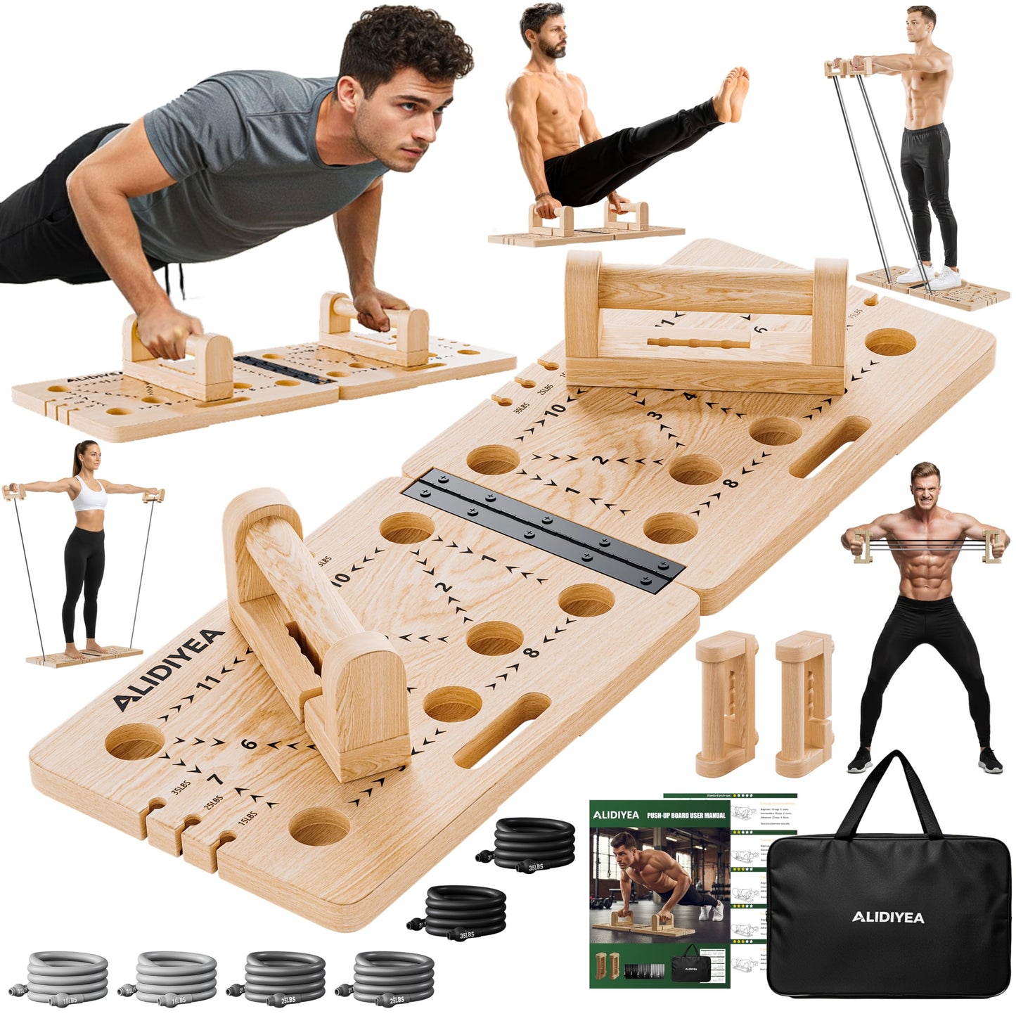 Push Up Board 30 in 1 Foldable with Resistance Bands - Thickened Pine Wood Multi-Push Up Board for Men & Women, Portable Gym/Home Workout Gear for Chest, Shoulders, Arms & Back