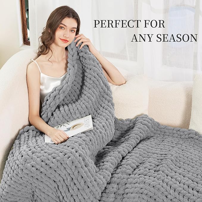 Admitrack Chunky Knit Blanket Throw, 100% Hand Knit Chenille Throw Blanket for Sofa & Home Decor, Soft and Cozy Knitted Throw Blankets (Dark Gray，51"x63")