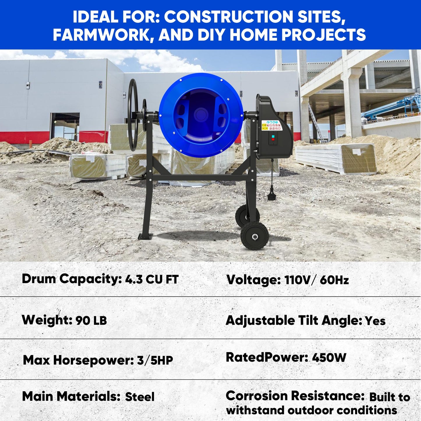 BSMTEK Electric Cement Mixer, 4.3 Cubic Ft. 450W Portable Concrete Mixer Machine with Stand And Wheels for Stucco, Mortar, Seeds, Blue-2026 Upgraded