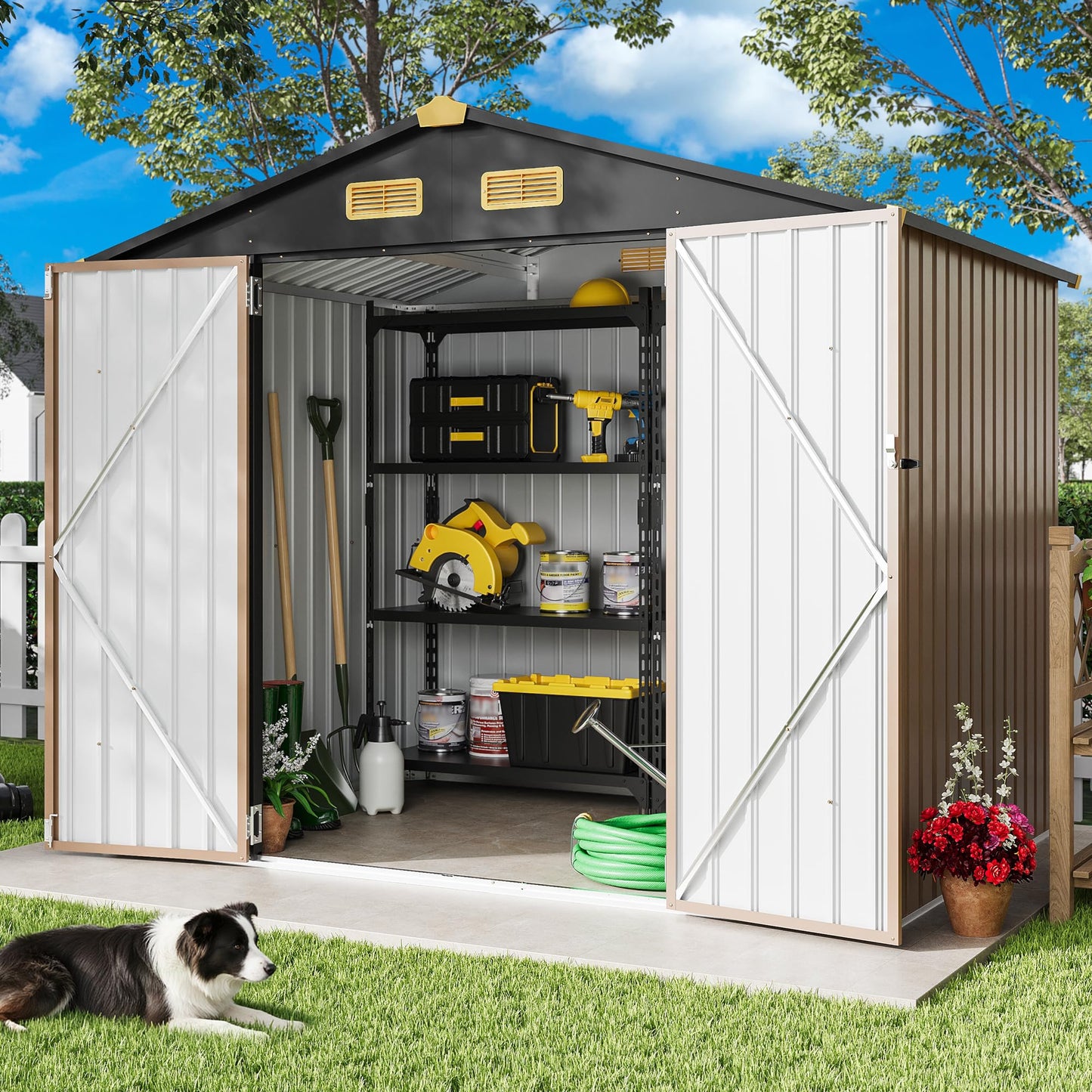 IRONCK 8x6FT Outdoor Storage Shed with Lockable Doors, 7.4x5.3FT Base Galvanized Steel Metal Garden Tool Shed with Breathable Vent for Yard Bins/Generator/Wheelbarrow Storage, Brown