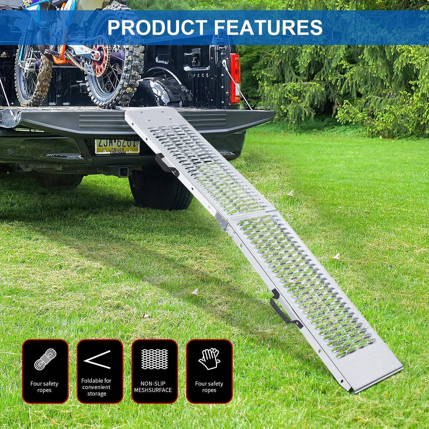 Arejonner 81.88 inches Long and 10.55 inches Wide Heavy Duty Folding Loading Ramp, 1500lb Capacity, Motorcycle; Lawn Mower; Snow Plough; Bikes; ATV; UTV; Golf Carts,Circular Hole, Pack of 2
