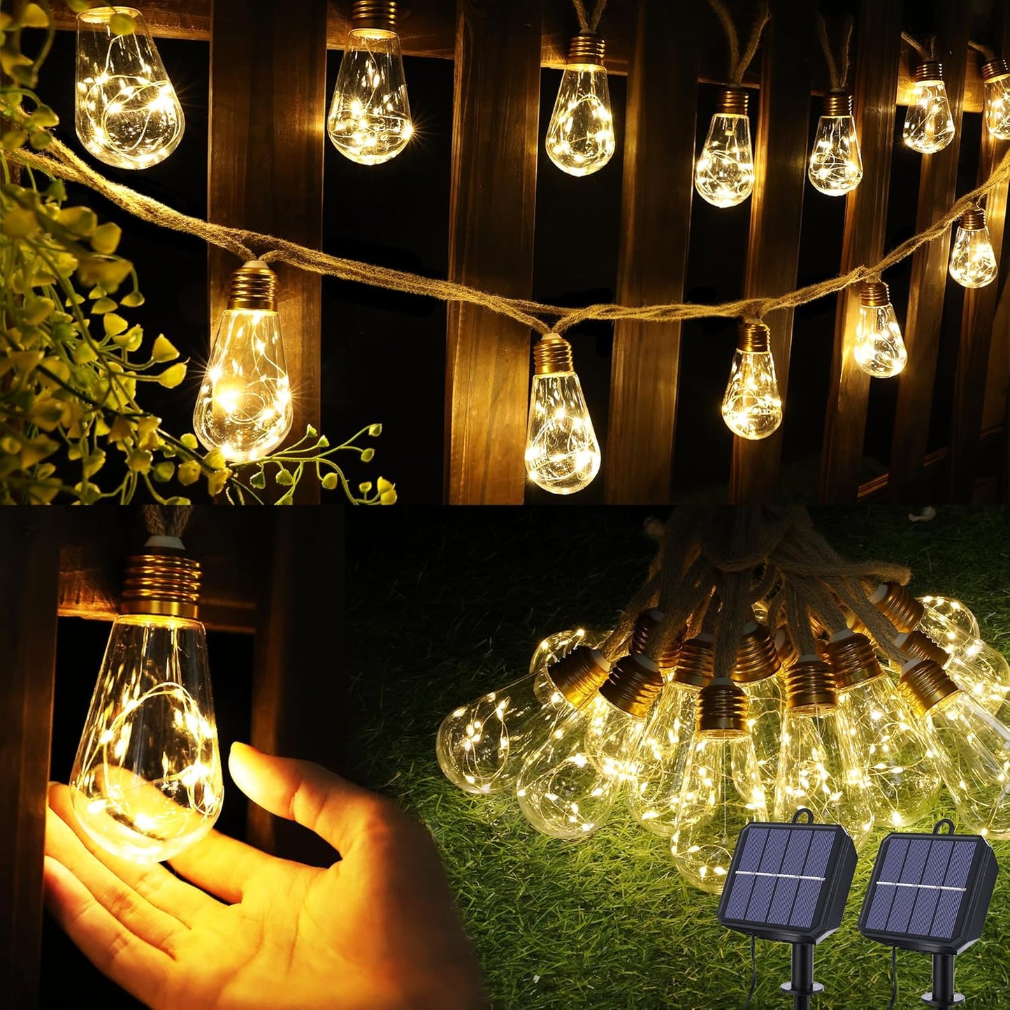 Skiennix Solar Outdoor String Lights - 20Ft Vintage Rope Hemp | Waterproof Warm White with 8 Modes & 16 Shatterproof Bulbs