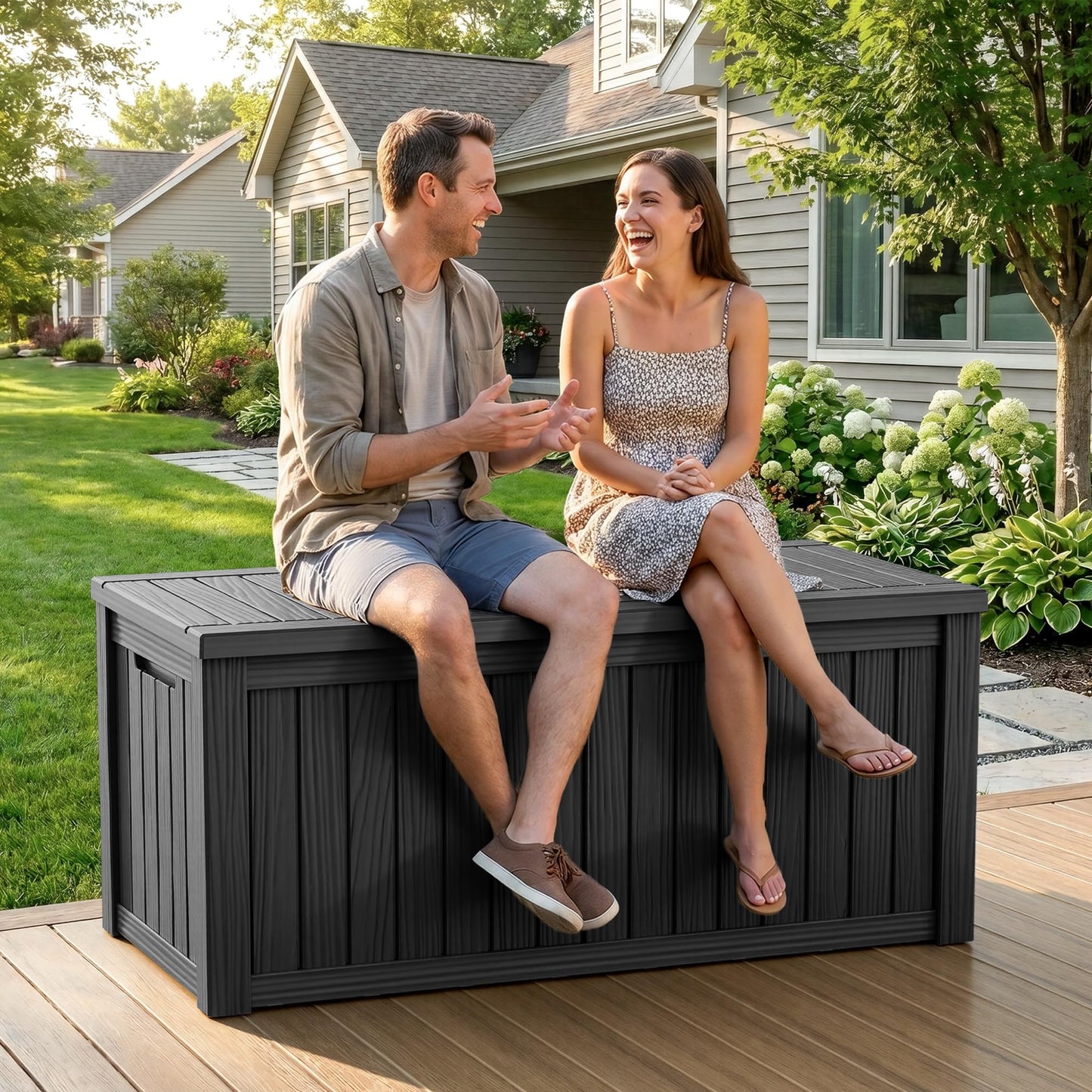 ROJIK 150 Gallon Outdoor Storage Box Waterproof,Weatherproof Deck Boxes Outdoor Lockable,Resin Outside Storage Box for Garden Tools,Cushions,Pool Accessories(Black,150 Gal)