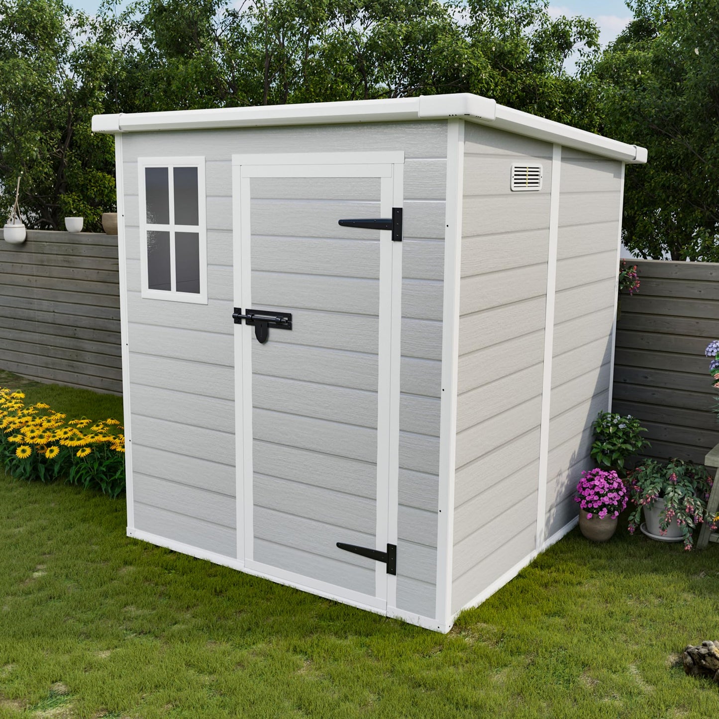 Praxatek 6x6 FT Outdoor Storage Shed, Waterproof Resin with Floor, Window, Lockable Door and Vents, Light Gray