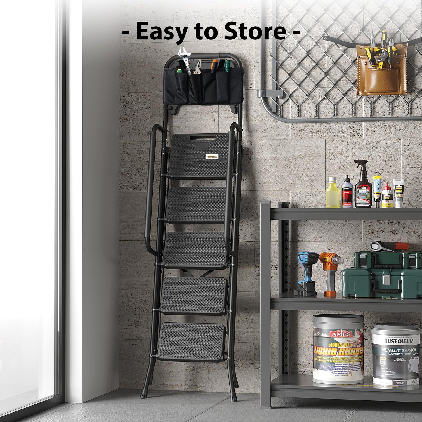 BONTEC 5-Step Ladder, 400lbs Max Load, Folding Step Stool with Tool Tray, Tool Bag, Handrails, Wide Anti-Slip Pedals, Sturdy Steel Ladder for Household & Work Use, Black