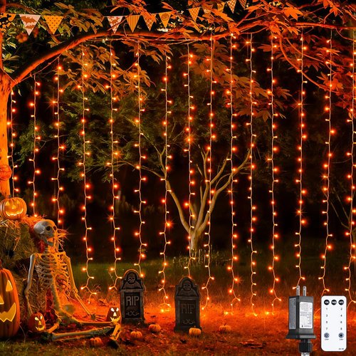 JMEXSUSS 300LED Orange Halloween Lights - 9.8x9.8ft Curtain String Lights with Remote | 8 Modes for Indoor/Outdoor Decor