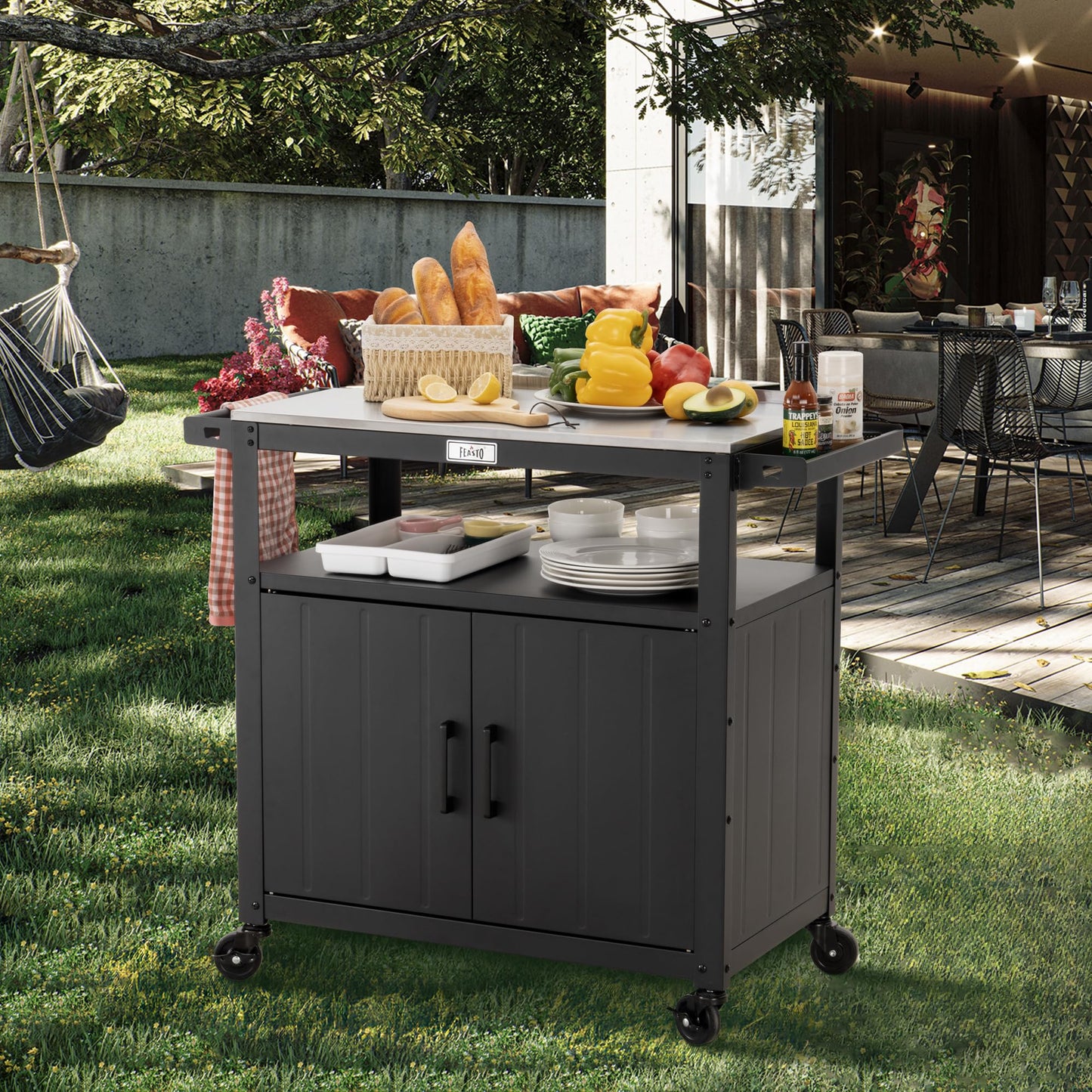 Feasto Outdoor Grill Cart with Stainless Steel Tabletop and Storage Cabinet, Movable Kitchen Island with Wheels for BBQ Food Prep, Black