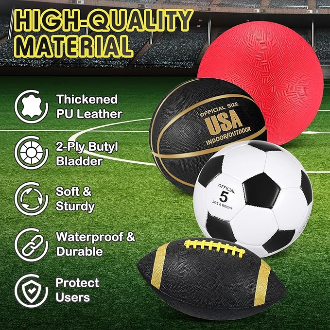 Lenwen 4 Pcs Sports Balls Set, Include Official Size Basketball Soccer Football Playground Ball Pump Equipment Bag for Teen Adult Gift Operation Christmas Ball Gifts