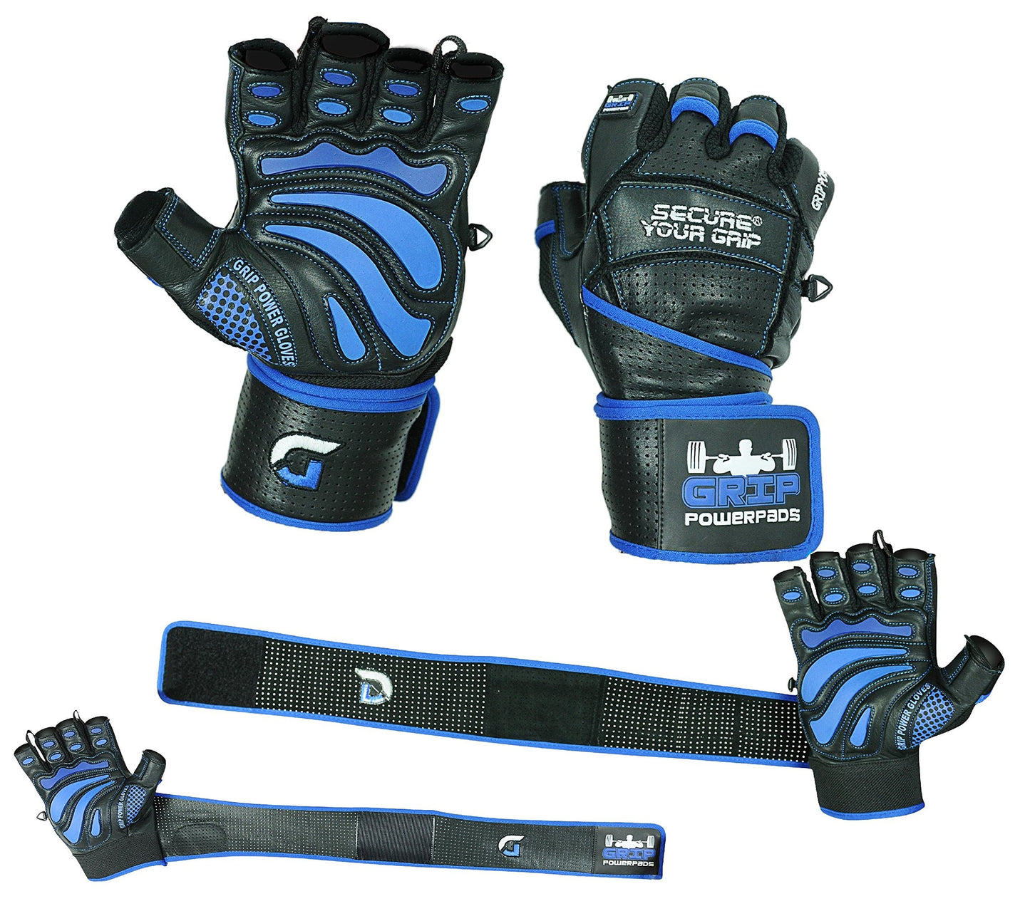 Elite Leather Gym Gloves with Built in 2" Wide Wrist Wraps Grip & Design for Weightlifting Power Lifting Bodybuilding & Strength Training Workout Exercises (Blue, X-Small)