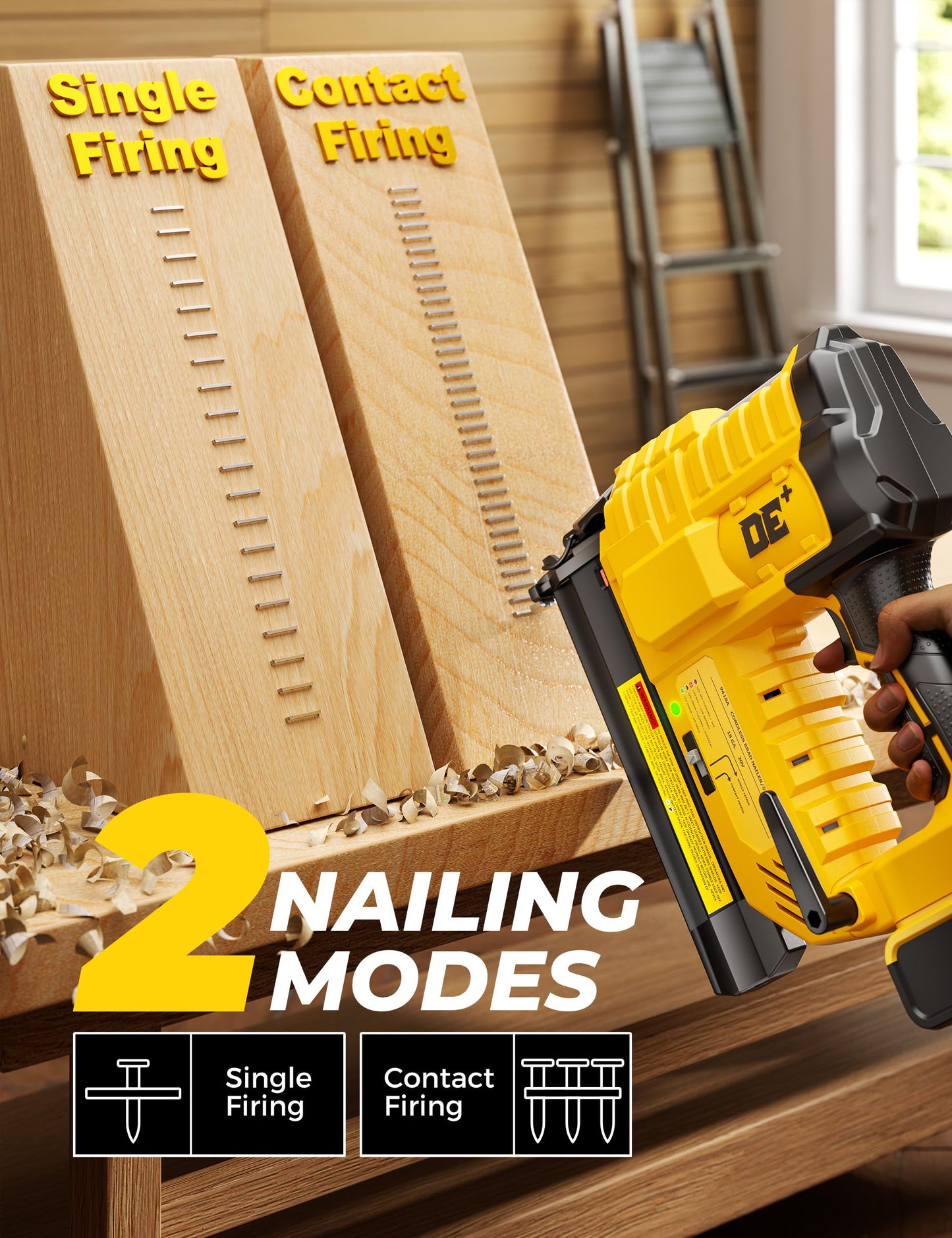 DeForce 18GA Cordless Brad Nailer, 2" Nail Gun for Dewalt 20V Max Battery, 2 IN 1 Electric Stapler, 2026 Upgraded Tool-Free Jam Release, 2 Modes, Adjustable Depth, 1000pcs Nails(No Battery), Yellow