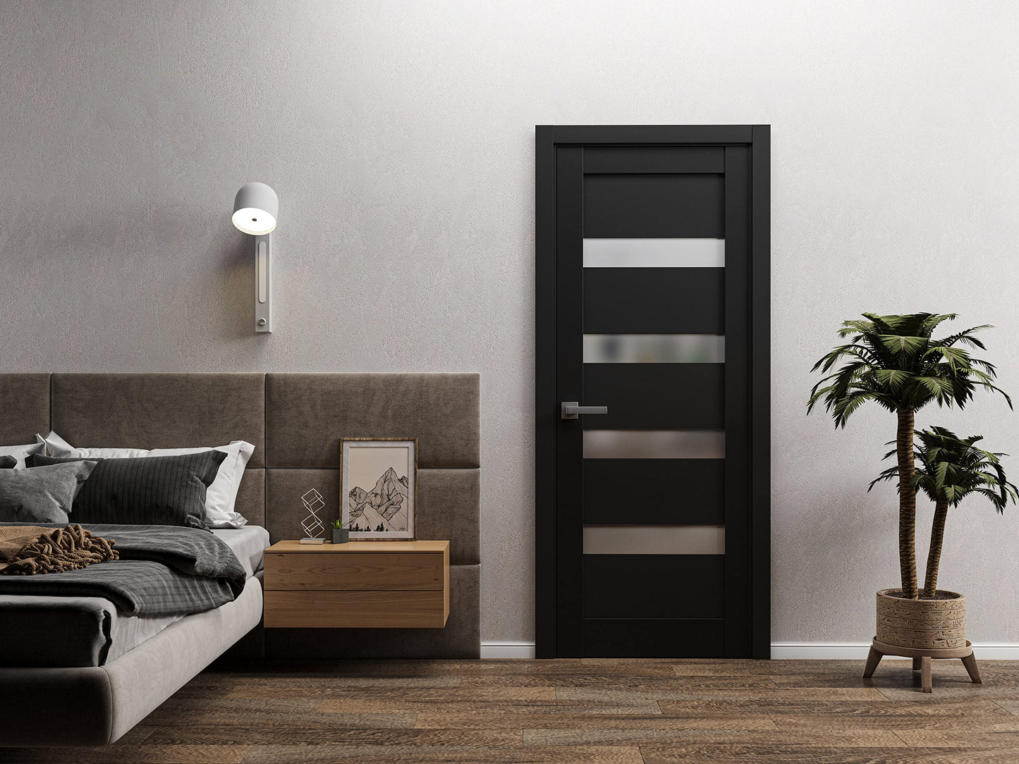 Sartodoors Quadro 4113 | 32 x 96 | Black Matte Interior Single Swing Door with Frosted Glass | Solid MDF Door in Modern French Style | Hardware Included