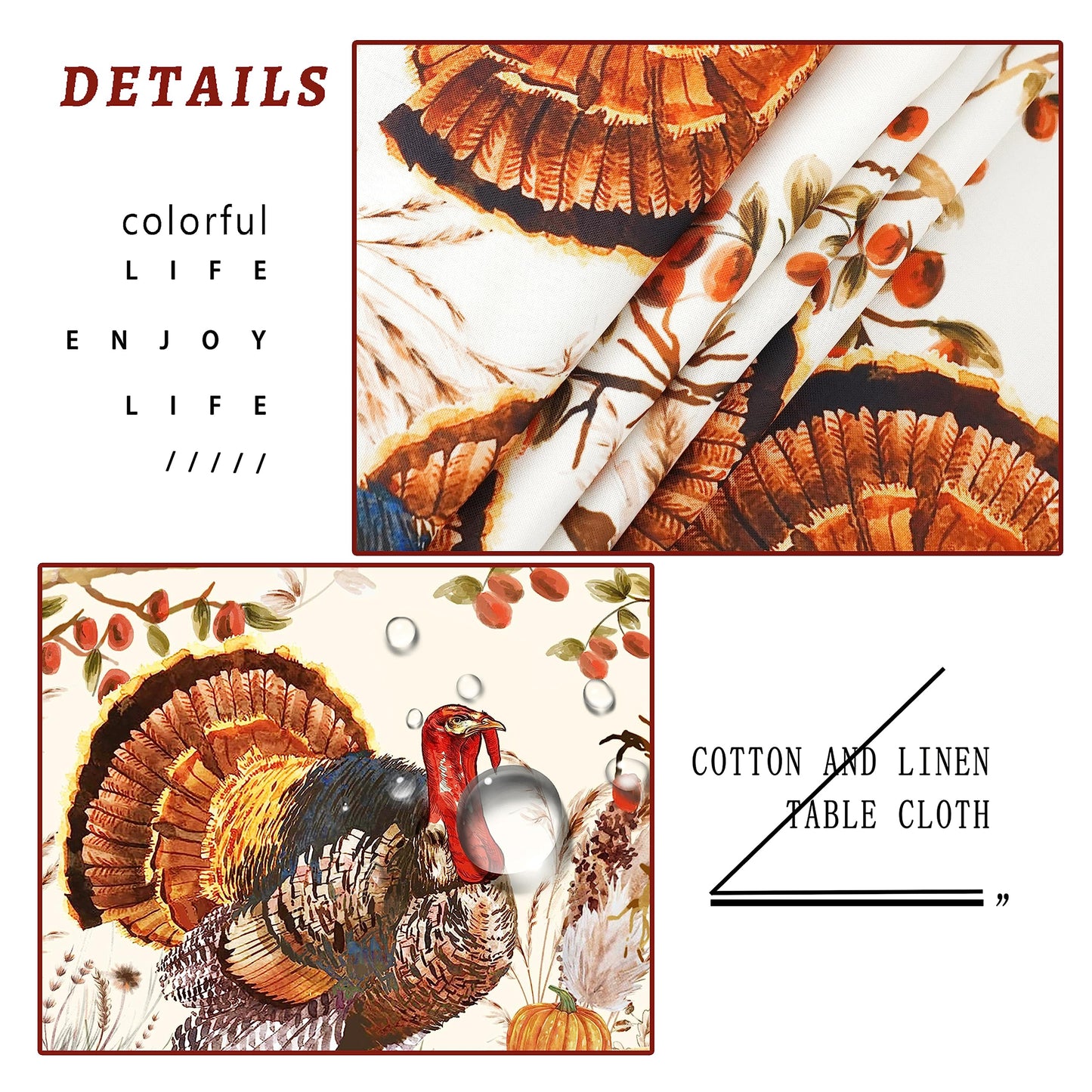 Virtumob Fall Thanksgiving Double Border Decoration Tablecloth, Turkey & Pumpkin Harvest Tablecloths, Waterproof Table Cover for Dinner Kitchen Party Holiday Decorations Oval 60 x 84 Inch