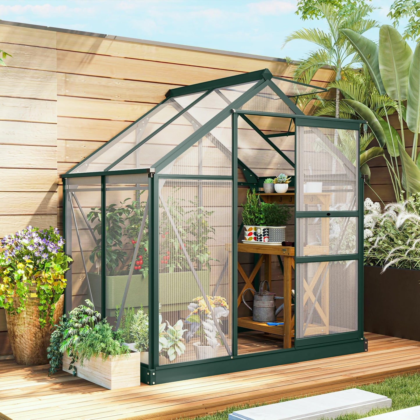 Outsunny 6' x 4' Greenhouse for Outdoors, Polycarbonate Greenhouse with Rain Gutter and Roof Vent, Aluminum Walk-in Green Houses with Push Door for Outside for Patio Backyard Garden, Dark Green