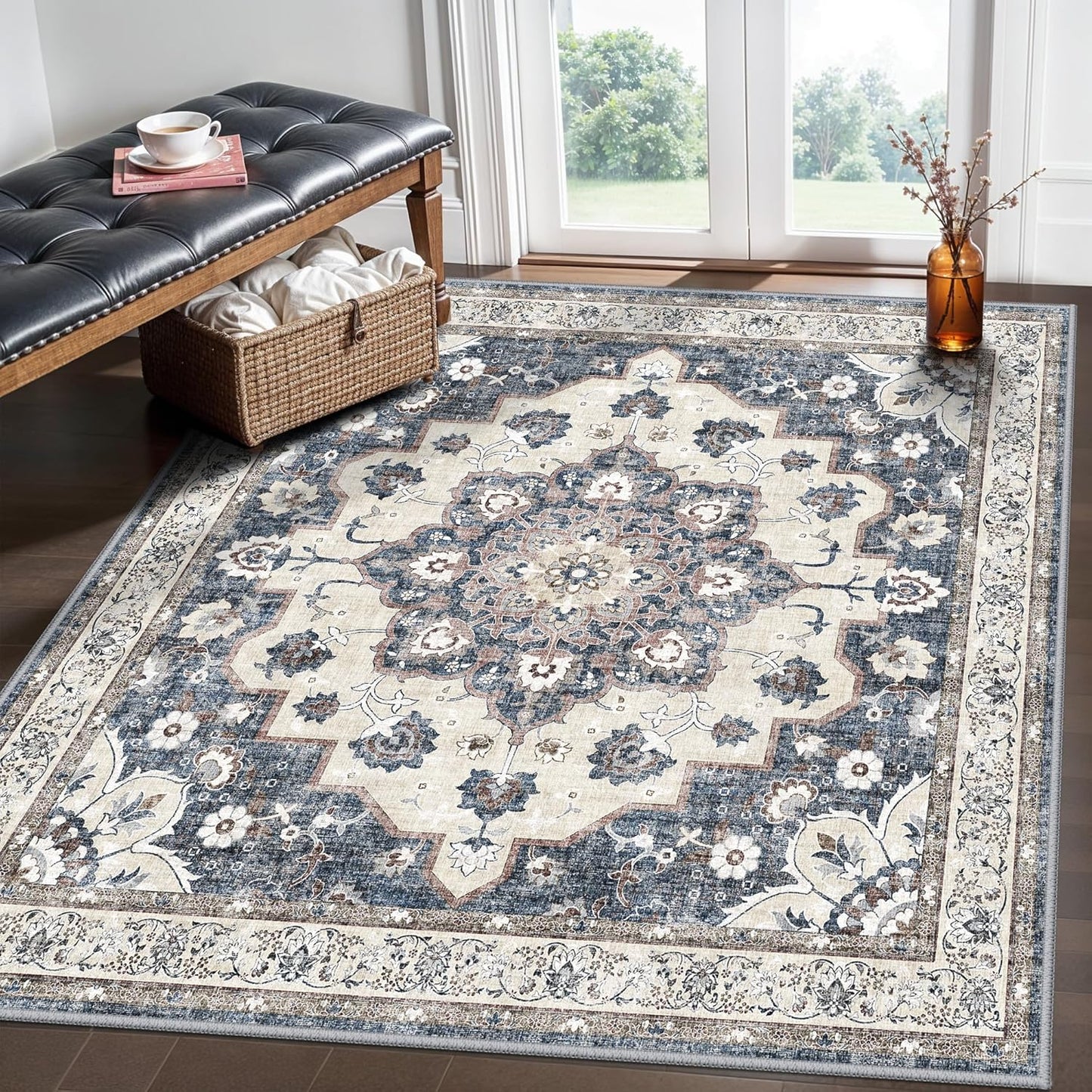 Skiennix 5x5 Square Rug - Stain Resistant Area Rug for Living Room, Bedroom & Dining Room | Non-Slip Blue Carpet
