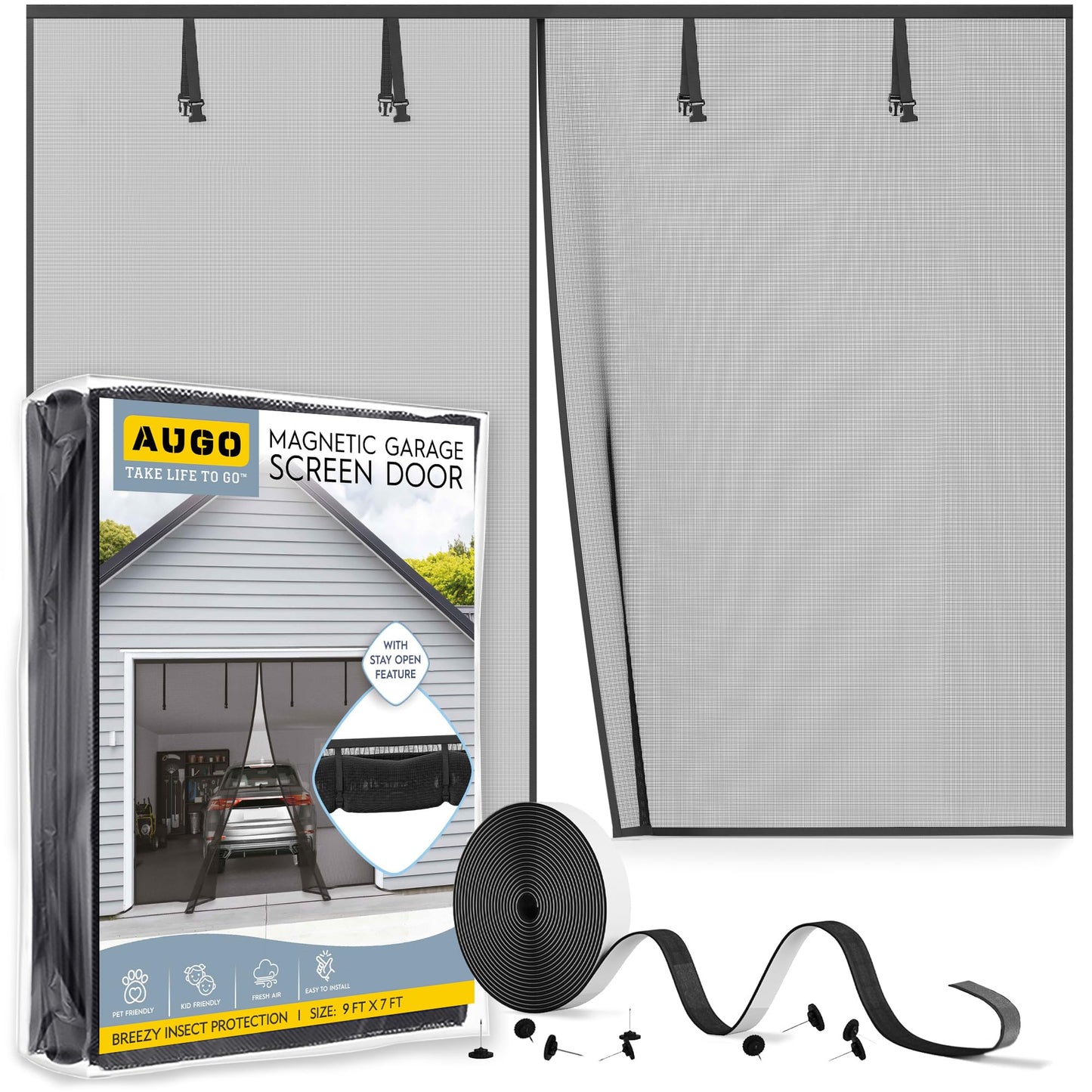 AUGO Garage Door Screen, 2 Car 9x7FT, Fiberglass mesh with Magnetic Closure, Heavy Duty Weighted Bottom, Easy Assembly & Pass, Hands Free Screen Door