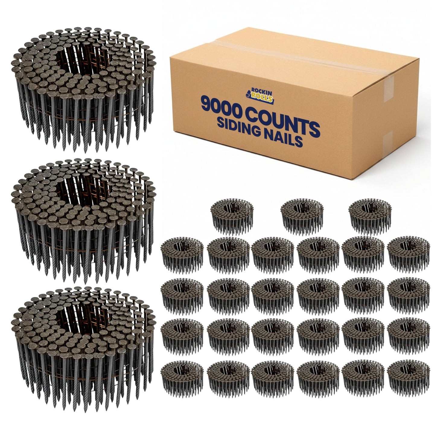 Rockin Rolls Siding Nails 2 Inch - 9000 Count – 15 Degree Wire Collated Coil Siding Nails, Full Round Head Galvanized Steel Nails, Fence Nails for Wood Fencing, Fits Siding Nailer & Coil Nail Gun