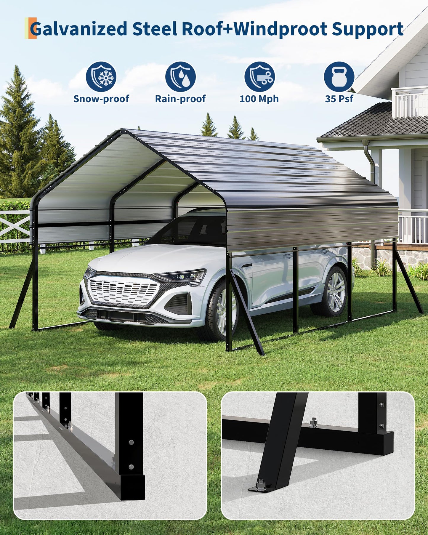 Garvee 10'x15' Metal Carport, Heavy Duty Car Ports Kit All-Weather for Pickup Trucks, Boats, RVs, Tractors, Reinforced Frame with Anchors